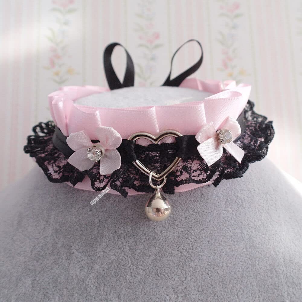 Pink & Black Lace Heart Choker Necklace with Rhinestone Bow & Bell - Kawaii Gothic Play Collar for Women - Perfect for Cosplay, Valentine's Day & Cute Aesthetic Outfits