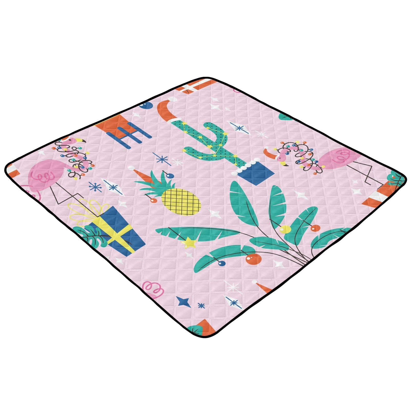 Christmas Tropical Plants & Flamingo Hope Hat Foldable Baby Play Mat – 50'' x 50'' Washable Padded Activity Mat for Infants, Toddlers & Kids | Indoor & Outdoor Use for Playtime, Crawling & Tummy Time