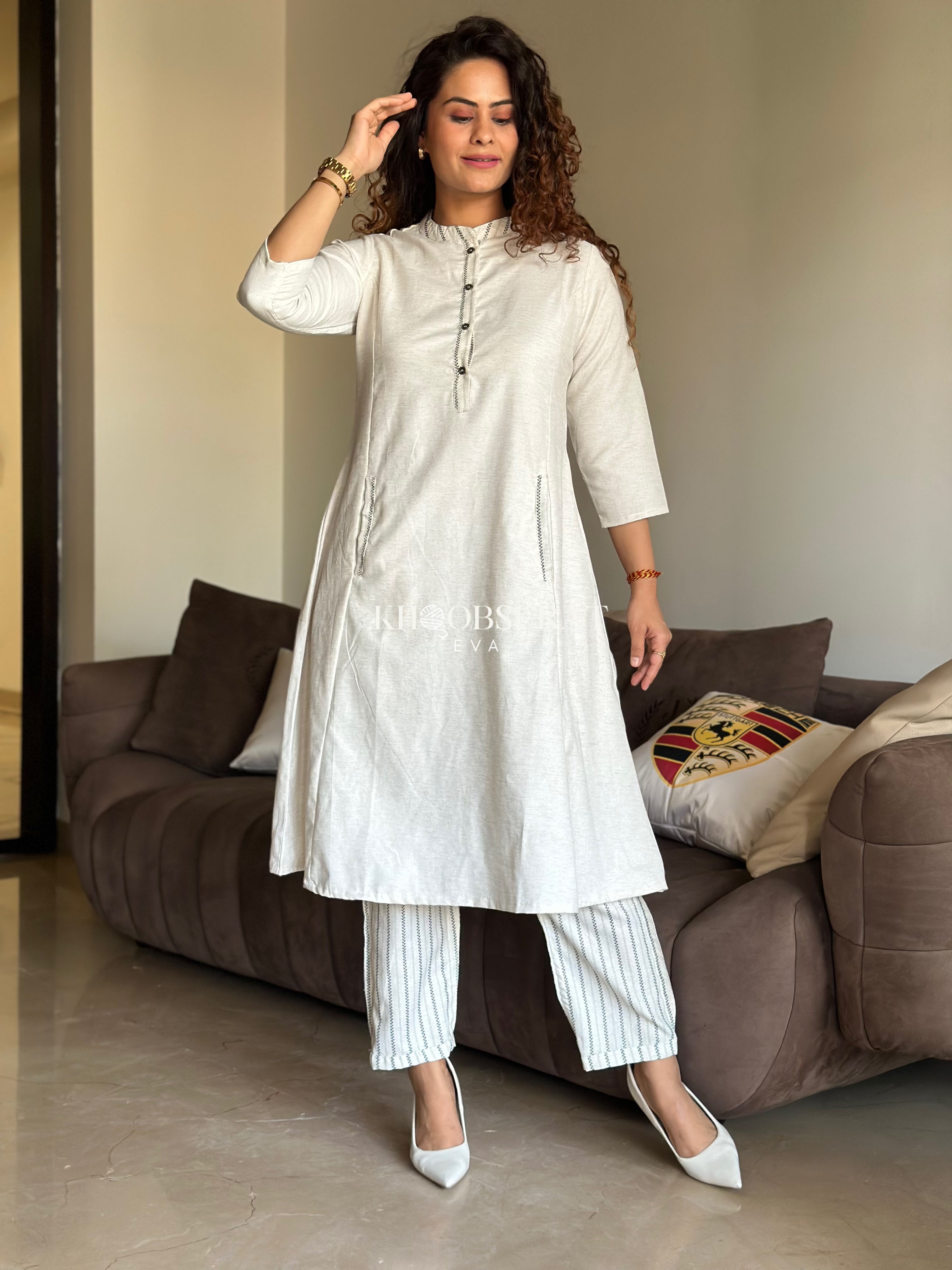 Fresh White Linen Duo Kurta Set for Women - Comfortable Cotton Ethnic Wear for Casual Outings & Festive Occasions