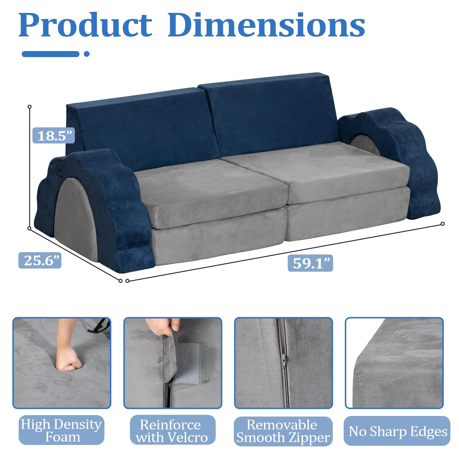 10PCS Kids Modular Foam Sofa Set - Convertible Toddler Play Couch for Boys & Girls, Grey & Blue (YME0008) | Indoor Playroom Furniture for Creative Play & Imaginative Fun