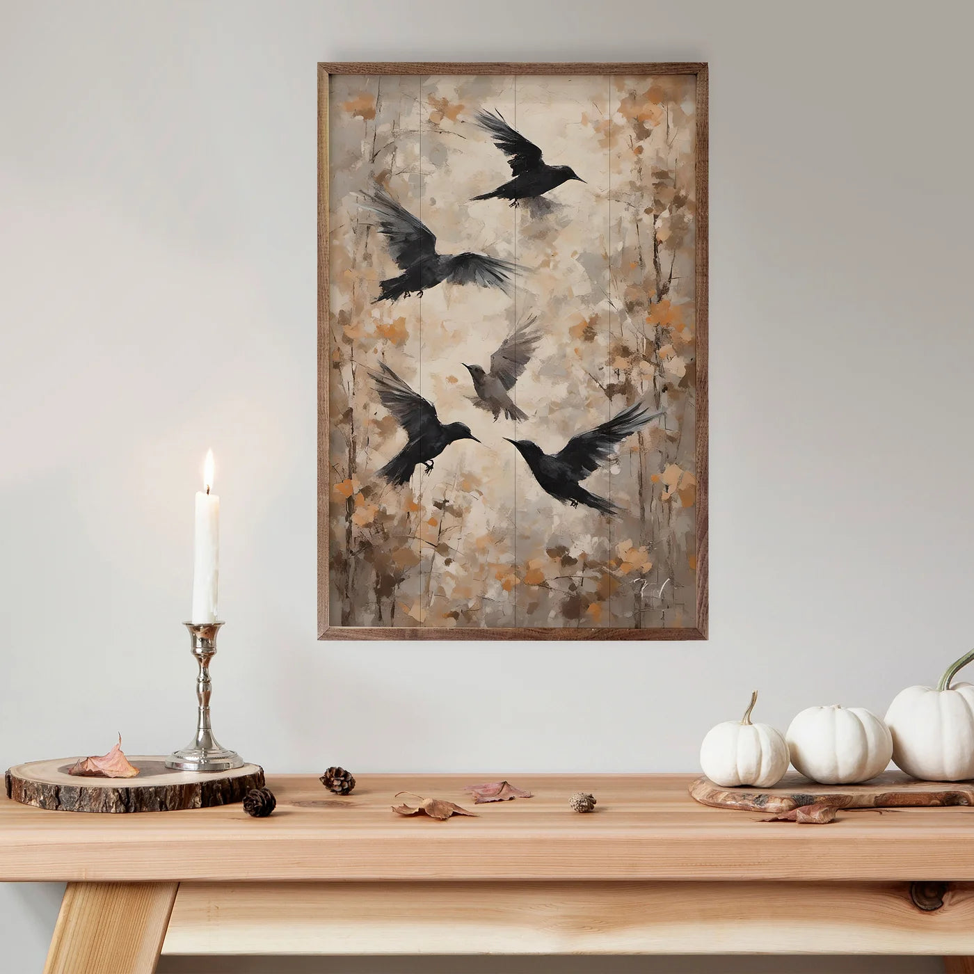 Crows Wood Framed Print - Nature Wall Art Decor for Living Room, Bedroom & Office - Gothic Crow Painting on Wooden Frame