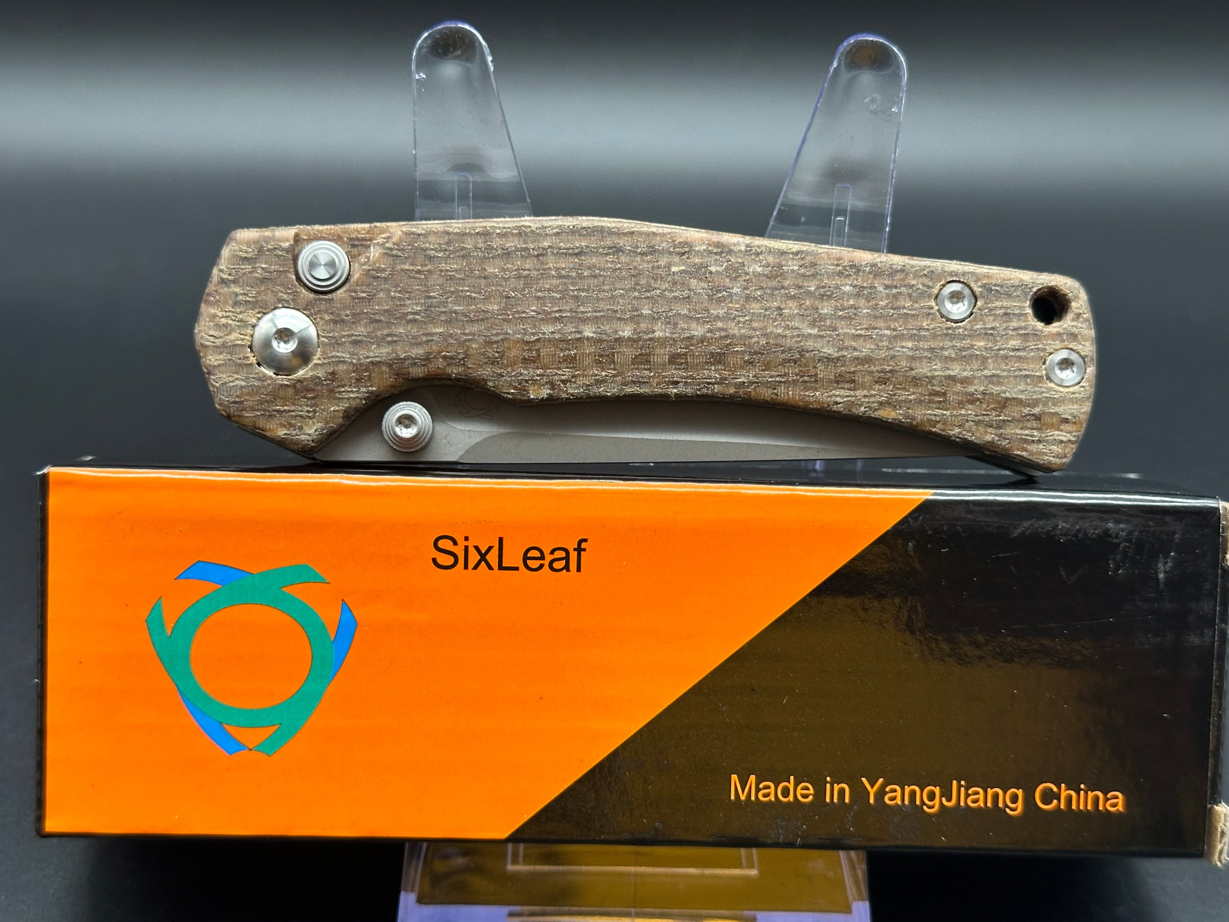 SIXLEAF SL 18 Button Lock Folding Knife - D2 Steel Plain Edge, Brown Micarta Handle - EDC Pocket Knife for Camping, Hiking & Outdoor Survival