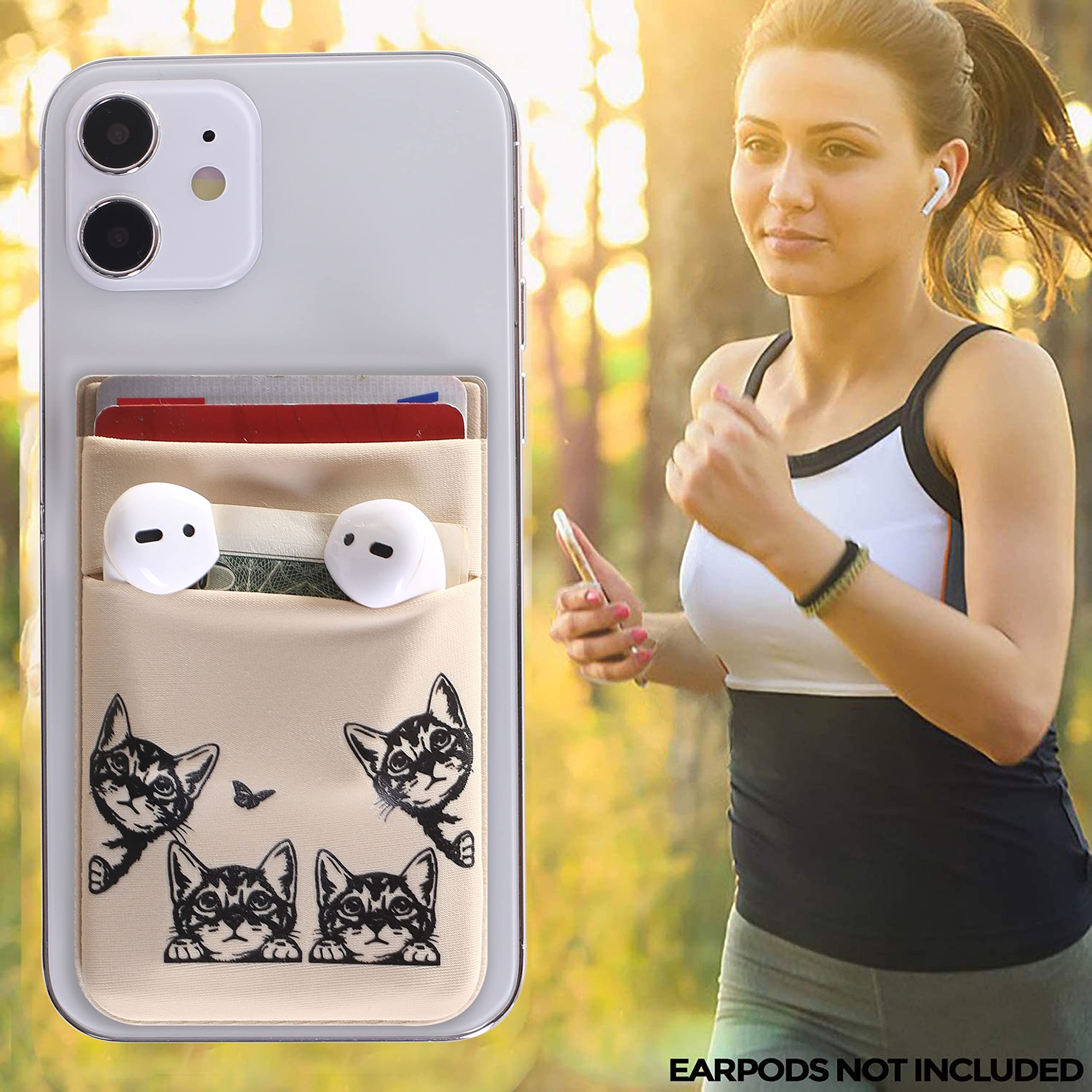Stick-On Phone Wallet Card Holder - Durable Adhesive Sticker for Credit Cards, ID & Cash | Compatible with Most Smartphone Cases (Gold Cat Design) | Perfect for Hands-Free Shopping, Travel & Everyday Convenience