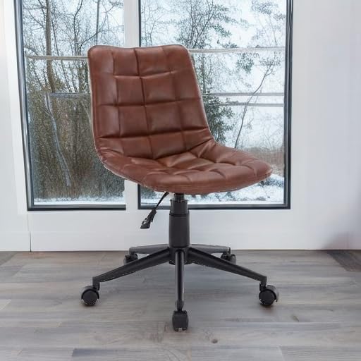 Ergonomic Armless Desk Chair - Faux Leather Adjustable Swivel Rolling Task Chair for Home Office, Study Room & Workspace - Modern Computer Chair in Brown