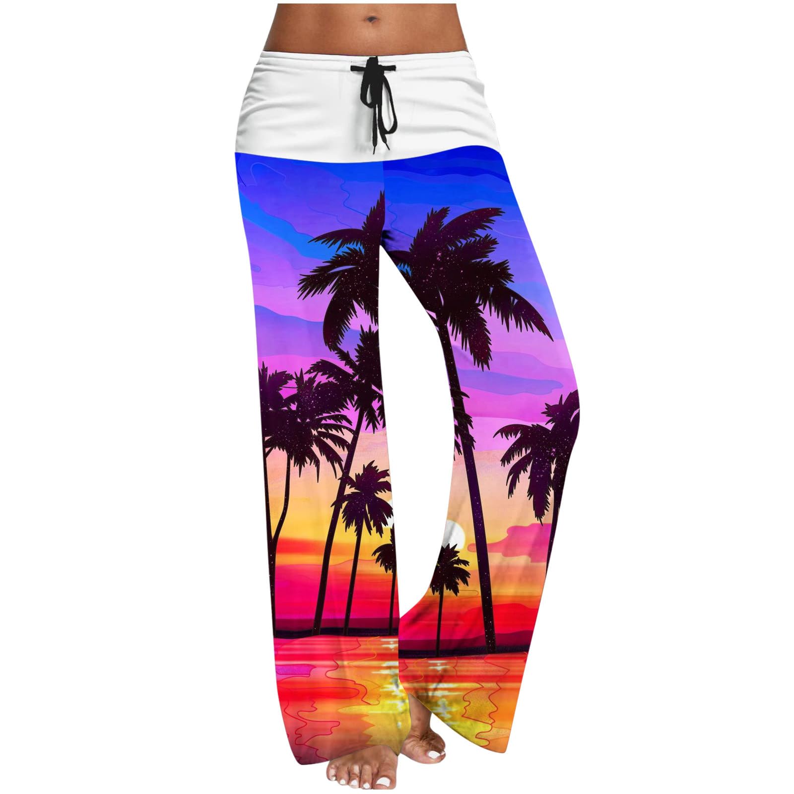 Trendy Women's Casual Pants - Stretchy Drawstring Elastic Waist Colorful Printed Wide Leg Trousers | Perfect for Yoga, Travel & Everyday Wear