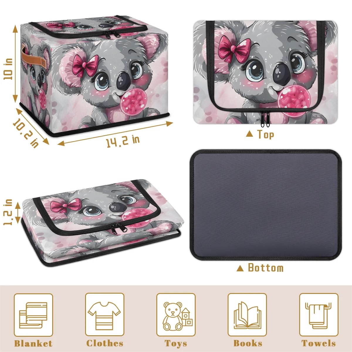 Cute Koala Bow Storage Bins with Zipper Lid - 2pcs Stackable Closet Organizer Baskets with Metal Frame & PU Handles - Perfect for Clothes, Toys, and Home Organization