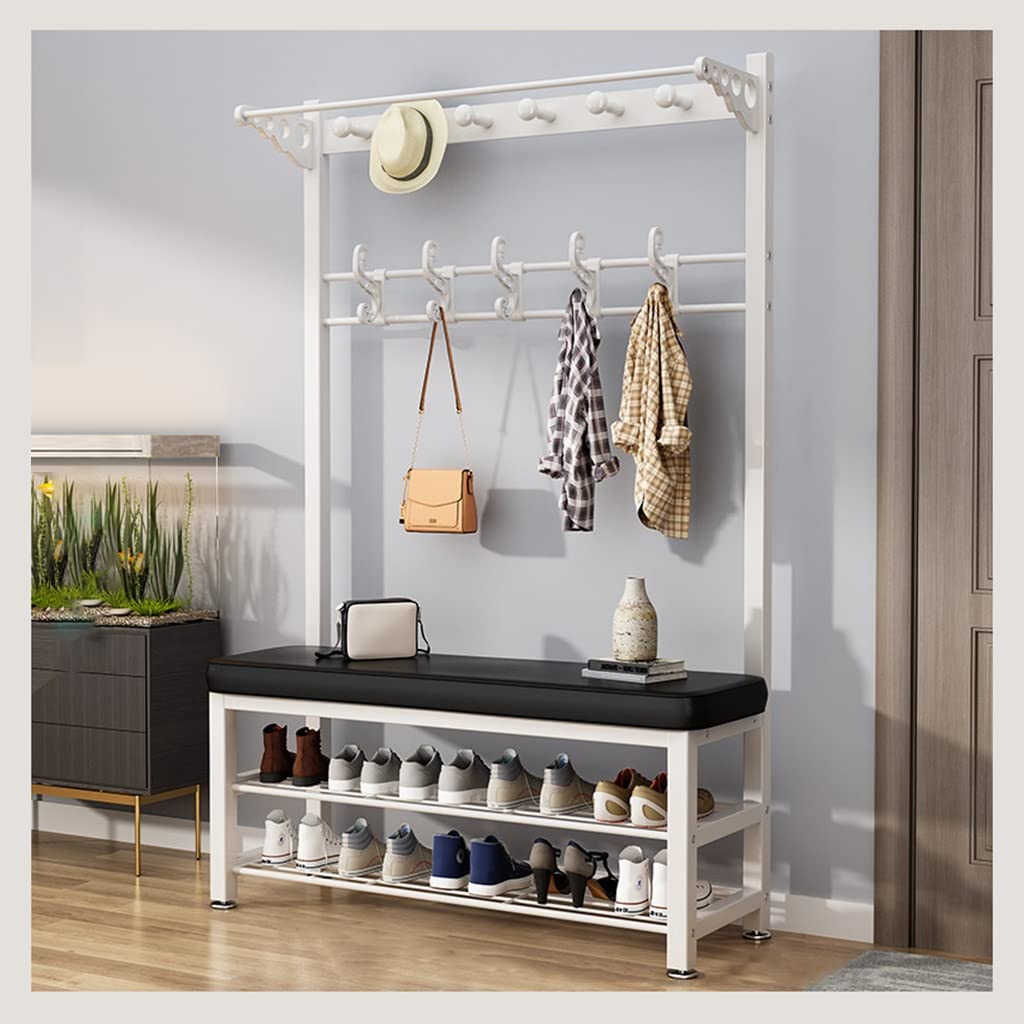 YAWEDA 4-in-1 Hall Tree Coat Rack with Shoe Storage Bench - 16 Hooks Entryway Organizer, Industrial Metal Frame Shoe Bench for Entryway, Mudroom & Foyer - Easy Assembly Home Furniture for Small Spaces & Apartments