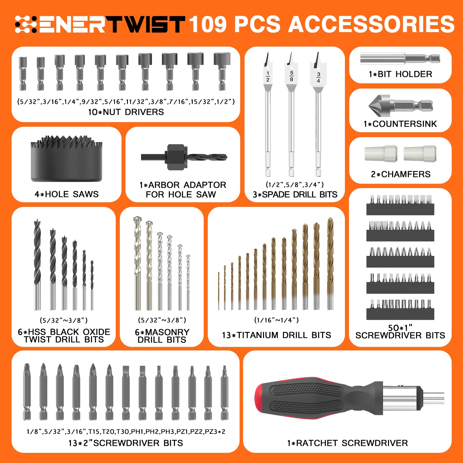 ENERTWIST 109-Piece Titanium & High-Speed Steel Drill Bit Set for Metal, Wood & Masonry - Includes Screwdriver Bits & Ratchet Screwdriver in Storage Case - Perfect for DIY Projects, Home Repairs & Professional Construction Work
