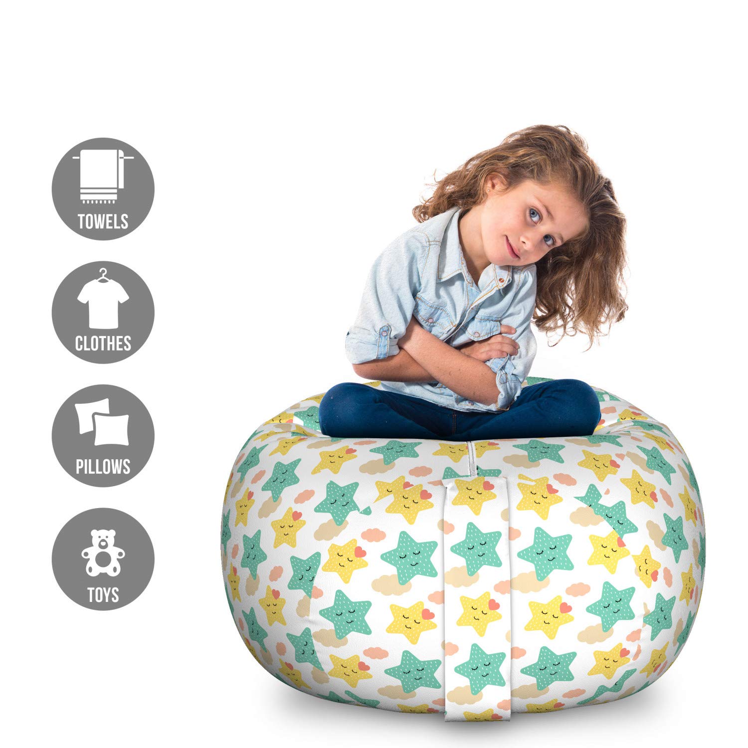 Ambesonne Cartoon Toy Storage Bag Chair - Large Washable Stuffed Animal Organizer with Stars & Clouds Scandinavian Design - Perfect for Kids' Room, Kindergarten & Playroom Organization