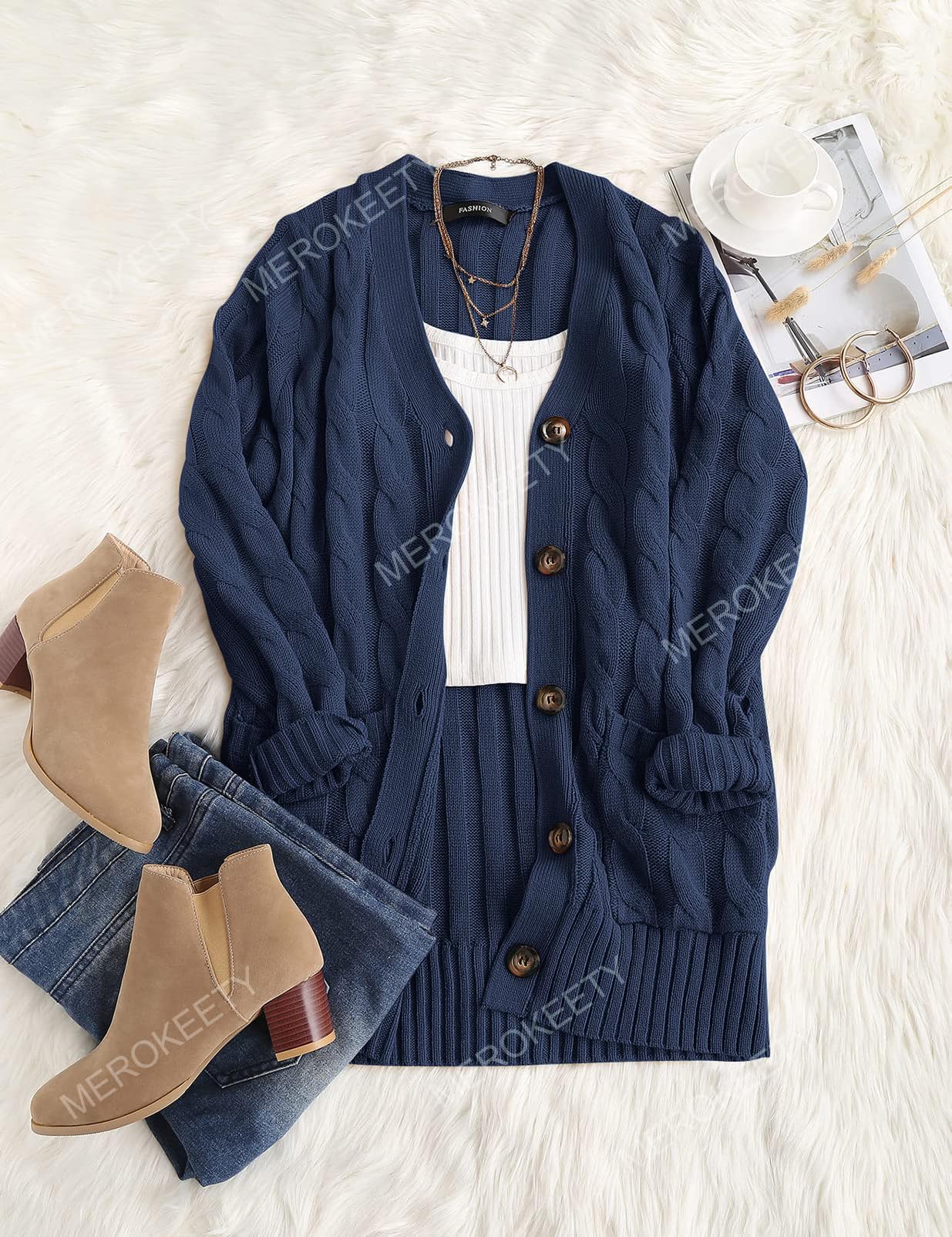 MEROKEETY Women's 2025 Fall Long Sleeve Cable Knit Sweater Cardigan - Open Front Button Loose Fit Outerwear for Casual Wear, Office & Date Nights