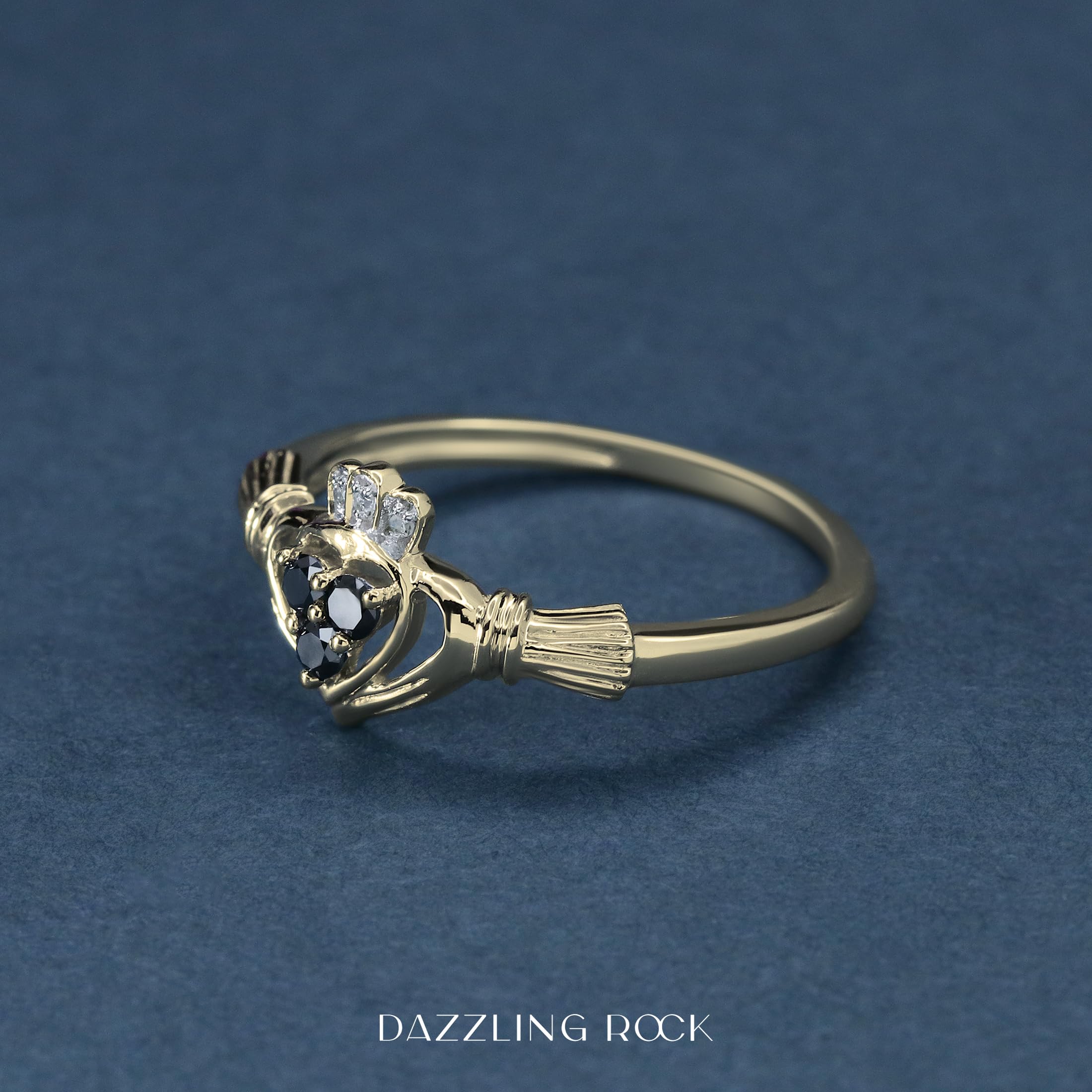 10K Solid Gold Claddagh Heart Ring for Women - Round Black & White Diamond Irish Love & Friendship Promise Ring | Perfect for Anniversaries, Engagements & Celtic Jewelry Gifts