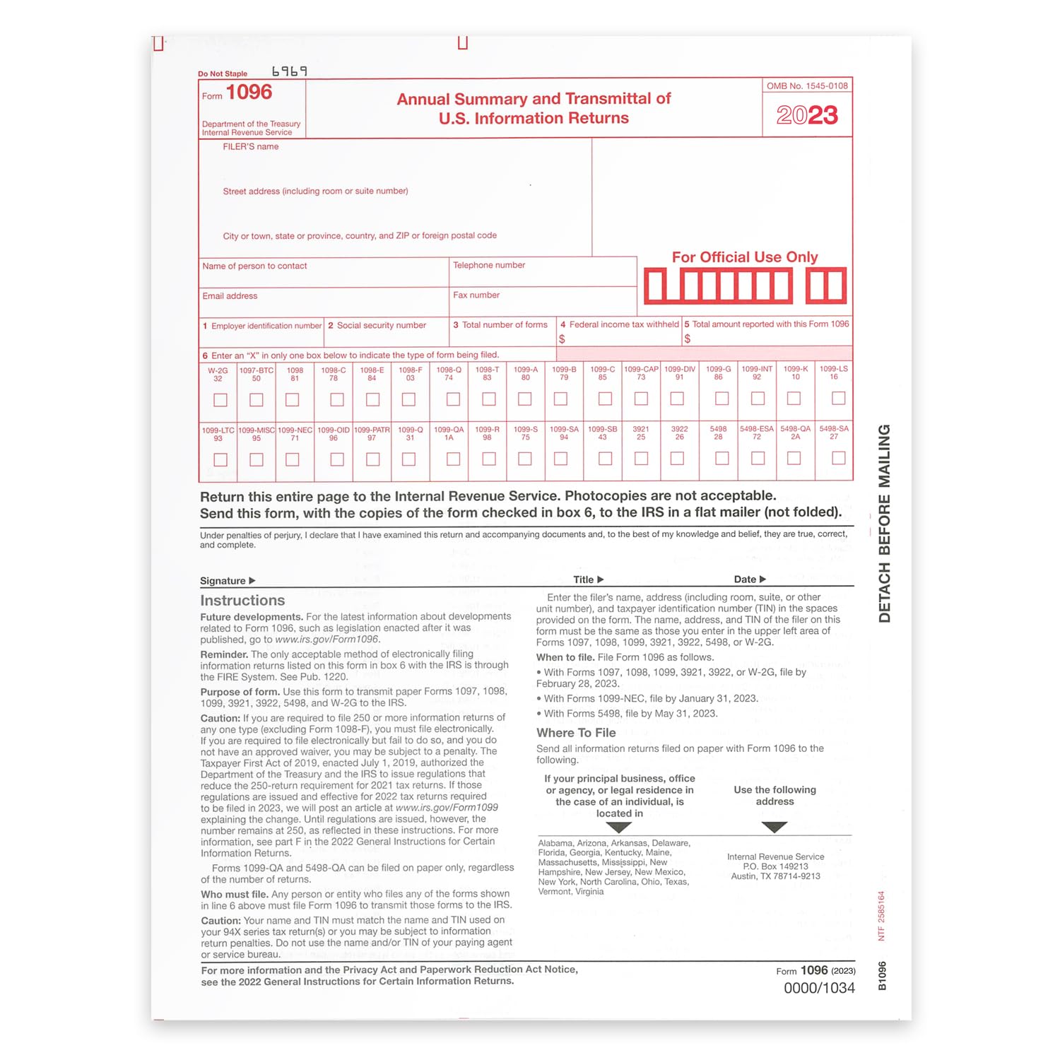 NextDayLabels - 2023 Tax Form 1096 Transmittal for Laser & Inkjet Printers - QuickBooks & Accounting Software Compatible (10-Pack) - Perfect for Small Business Tax Filing & IRS Document Submission