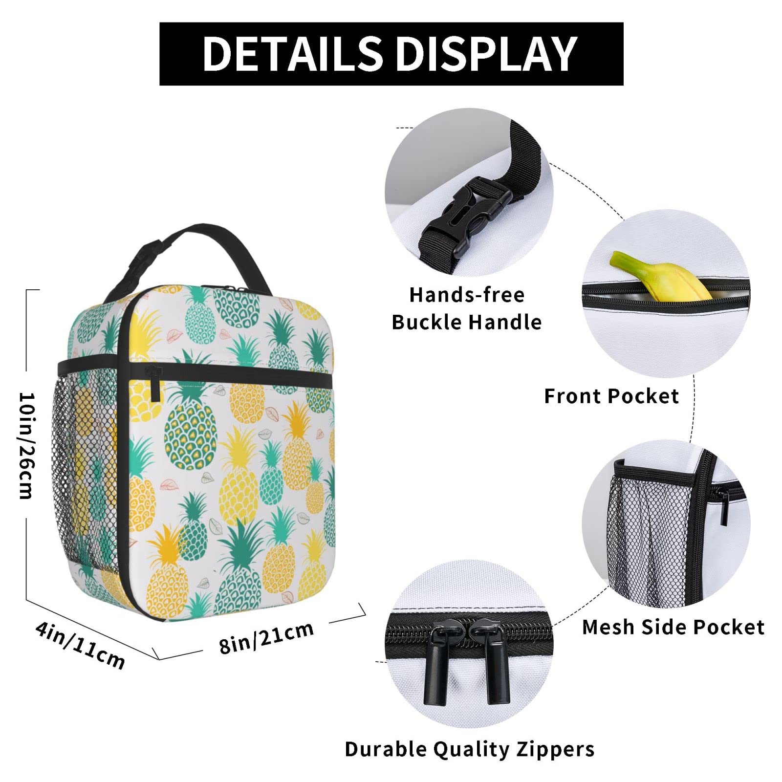 WAZHIJIA Insulated Pineapple Lunch Bag for Women - Reusable Tote Lunch Box Container for Work, School, Picnics & Outdoor Activities
