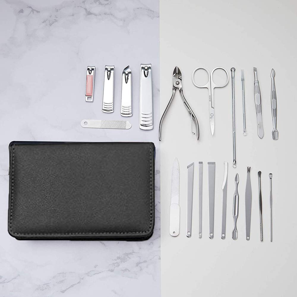 Professional Manicure Pedicure Kit - 20-Piece Nail Clippers Set with Nose Hair Scissors, Ear Pick & Blackhead Remover | Travel Case Included | Perfect for Home, Salon & Travel Grooming