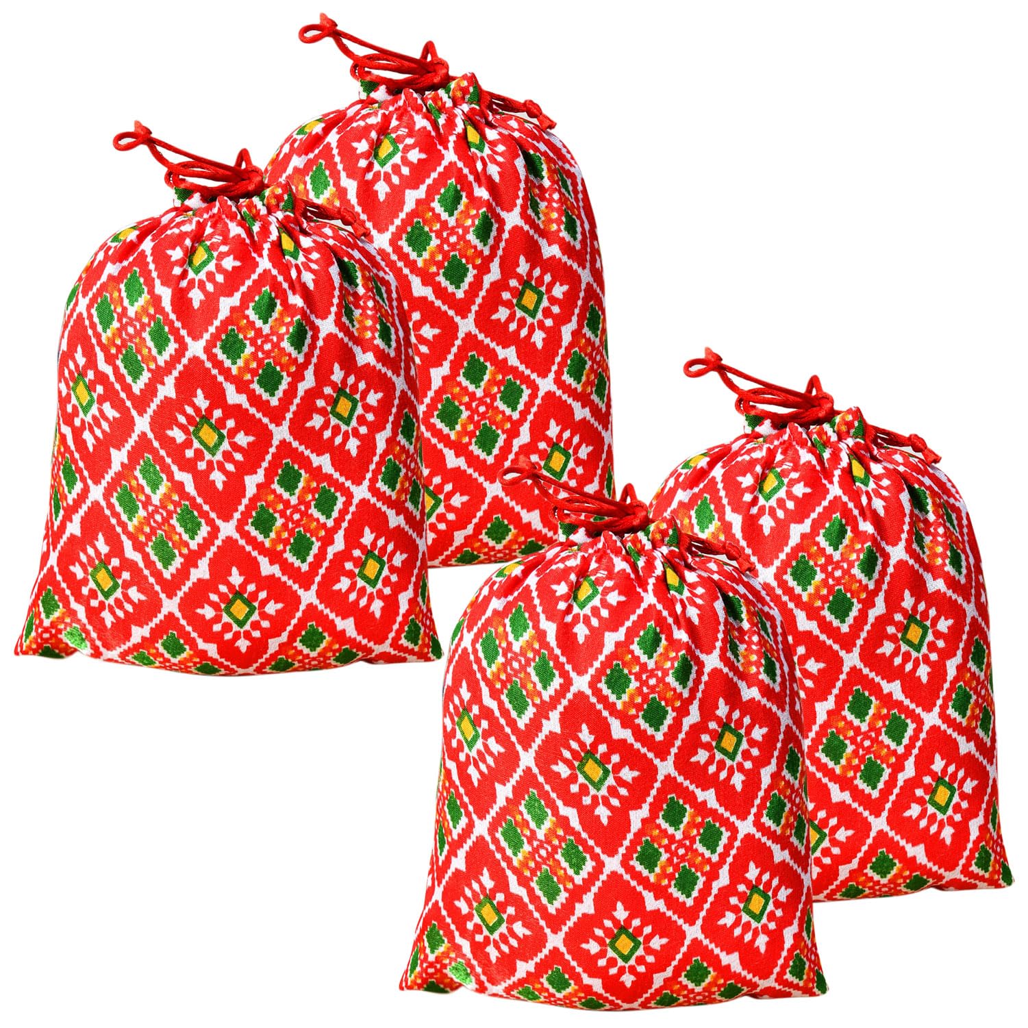 Kuber Industries Silk Wedding Potli Bag with Drawstring Closure - 7x9 Inch Medium Size, Pack of 4 - Perfect for Weddings, Baby Showers, Christmas Gifts & Special Occasions - Elegant Red Patola-Print Design