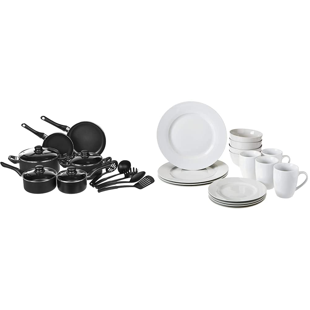 Amazon Basics Non-Stick 15-Piece Cookware Set with Pots, Pans & Utensils + 16-Piece White Dinnerware Set (Plates, Bowls, Mugs) - Service for 4 | Perfect for Family Dinners, Entertaining Guests & Everyday Cooking
