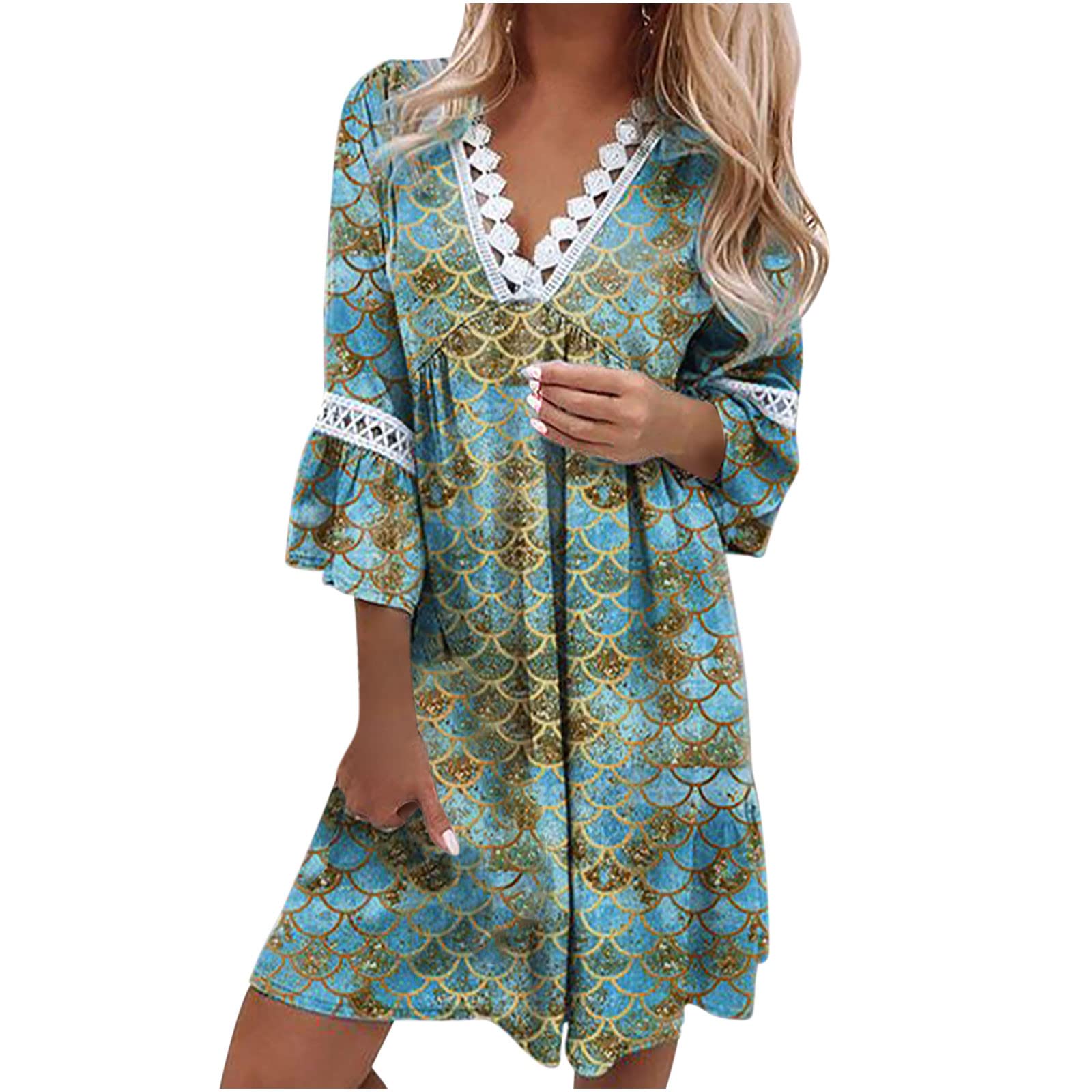 Women's 3/4 Bell Sleeve Floral Print Lace Patchwork A-Line Swing Dress - Casual Cocktail Party Wear, Spring Summer Boho Chic Loose Fit Dress for Date Night & Outdoor Events