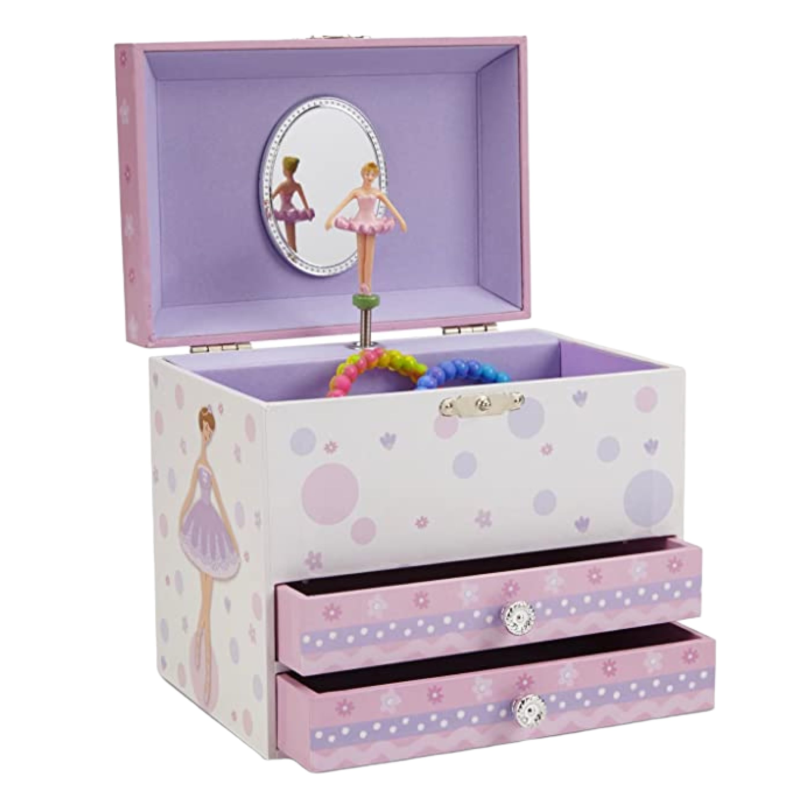 Jewelkeeper Jewelry Box for Girls - Ballerina Music Box with Swan Lake Tune, Dual Drawers & Spacious Storage - White & Purple Keepsake Box (6x6.75x5.25 Inches) - Perfect Gift for Birthdays, Christmas & Ballet Lovers