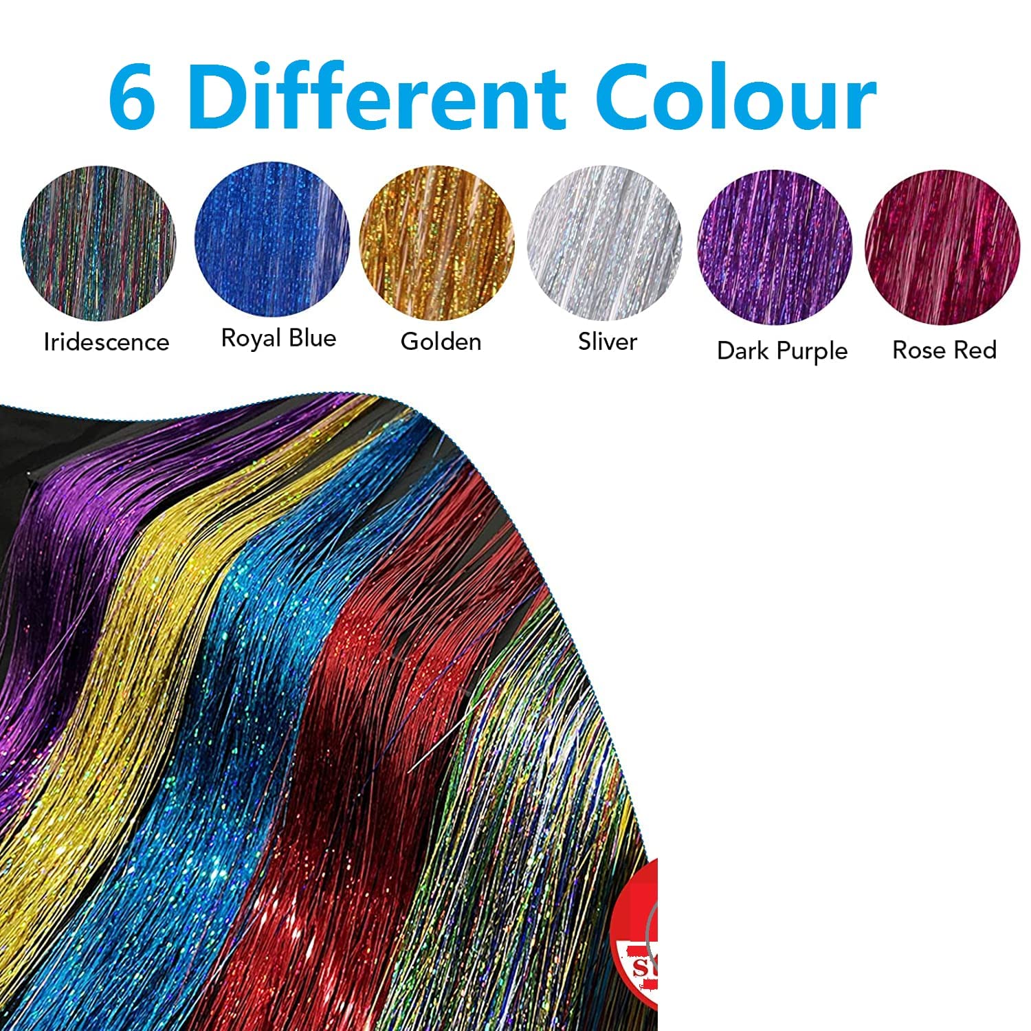 AKADO Glitter Hair Tinsel Extensions - 6 Pack Multicolor Holographic Sparkle Hair Strands for Women & Girls | Shiny Straight Hair Accessories for Parties, Festivals & Cosplay
