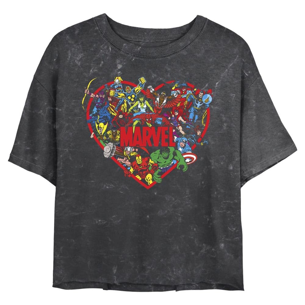Marvel Women's Juniors Hero Heart Mineral Wash Crop Tee - Soft Vintage Style Graphic T-Shirt for Superhero Fans | Perfect for Casual Wear, Cosplay & Comic Con Events