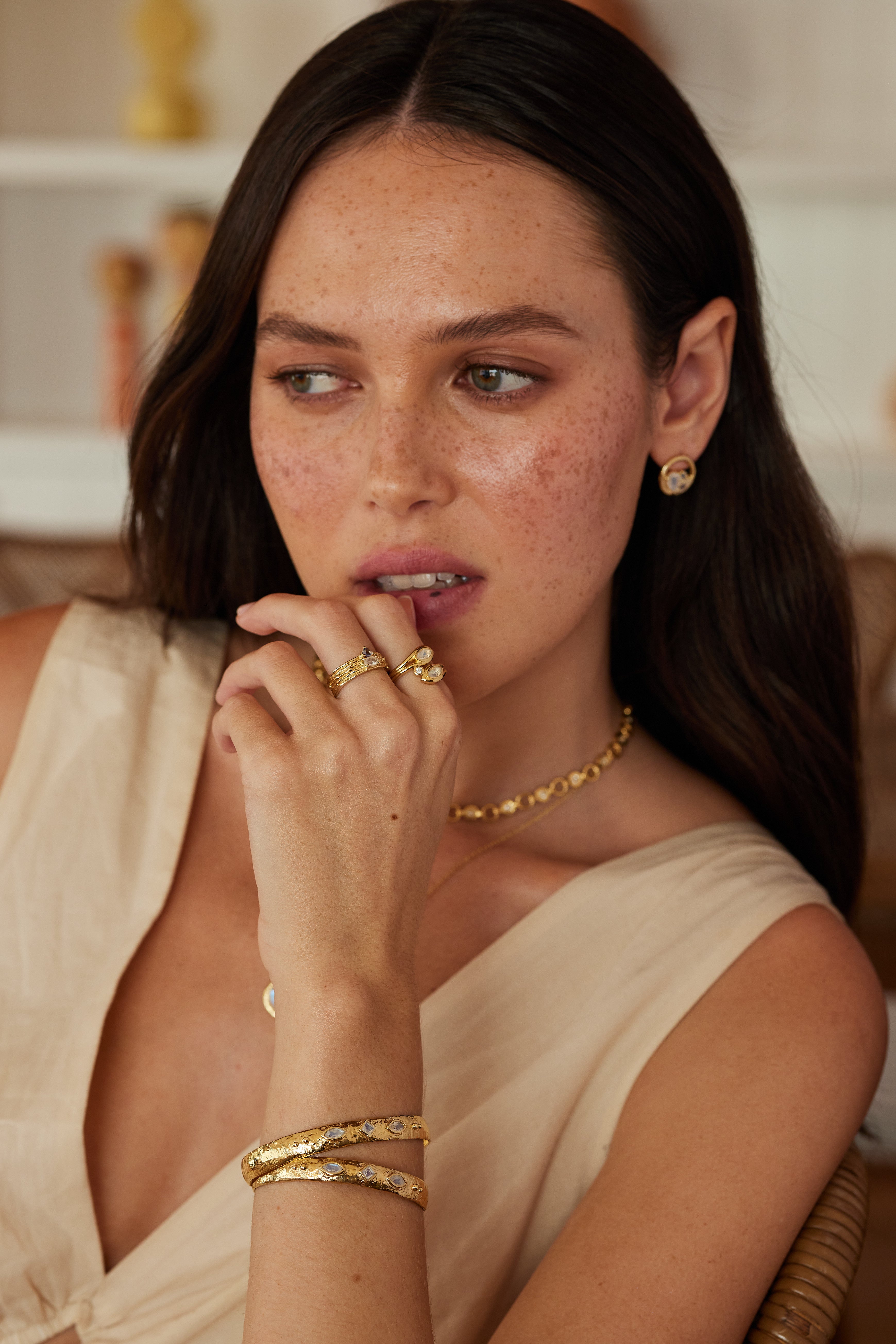 Asymmetric Iolite Gold Stackable Rings for Women - Elegant Layering Jewelry for Everyday Wear & Special Occasions