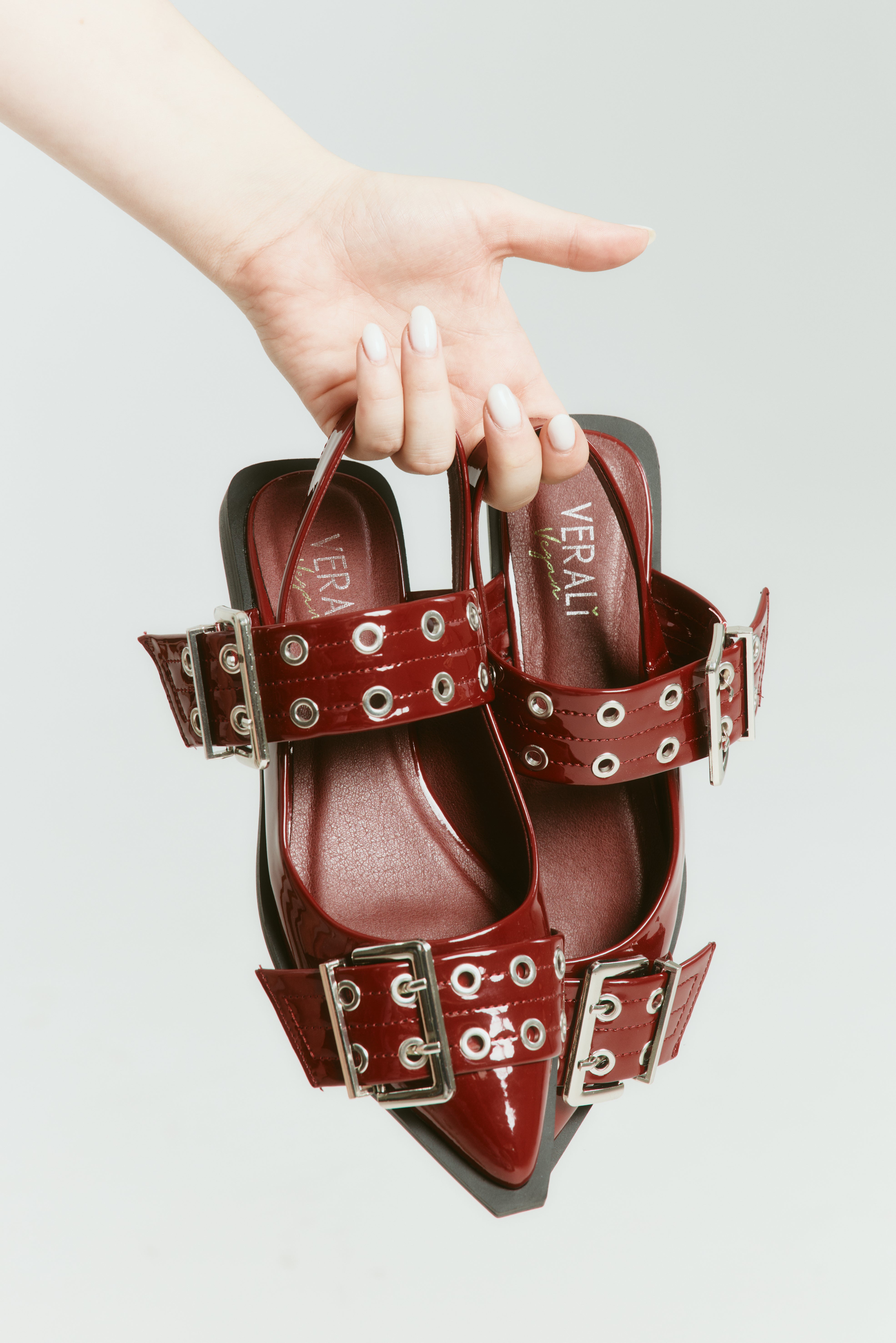 Clea Slingback Buckle Flats - Women's Comfortable Wine Red Patent Leather Ballet Shoes for Work, Office & Casual Wear