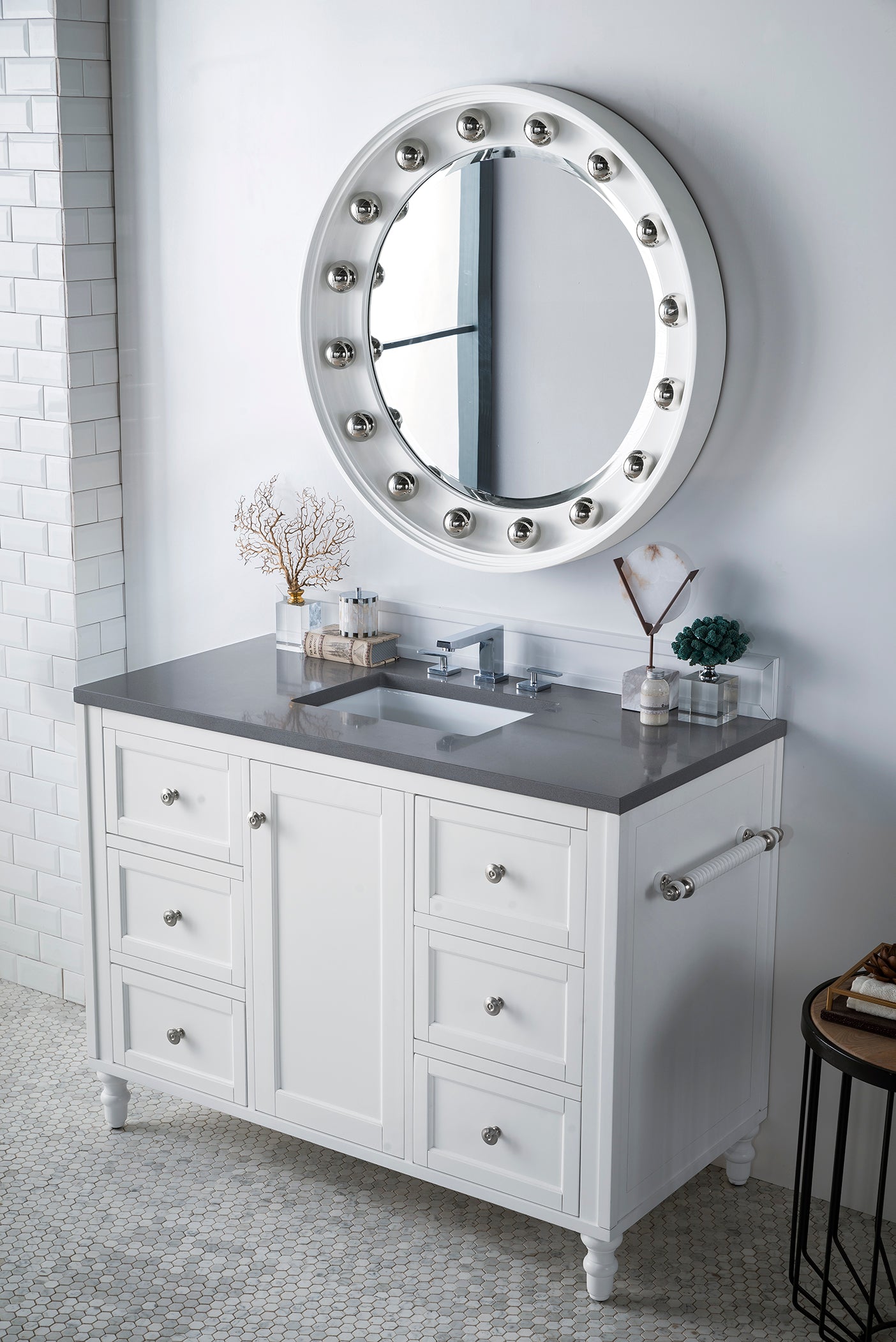 Copper Cove Encore 48 Inch Single Bathroom Vanity Set with Bright White Finish & 3CM Grey Expo Quartz Countertop - Perfect for Modern Master Bathrooms and Powder Rooms