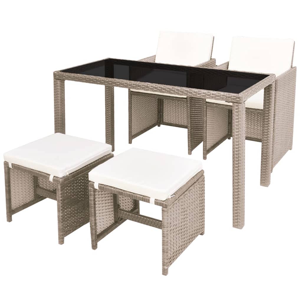 5-Piece Outdoor Dining Set with Cushions - Beige Poly Rattan Patio Furniture Set with Glass Coffee Table & Ottoman - Weather-Resistant Wicker Conversation Set for Garden, Poolside, or Backyard Relaxation
