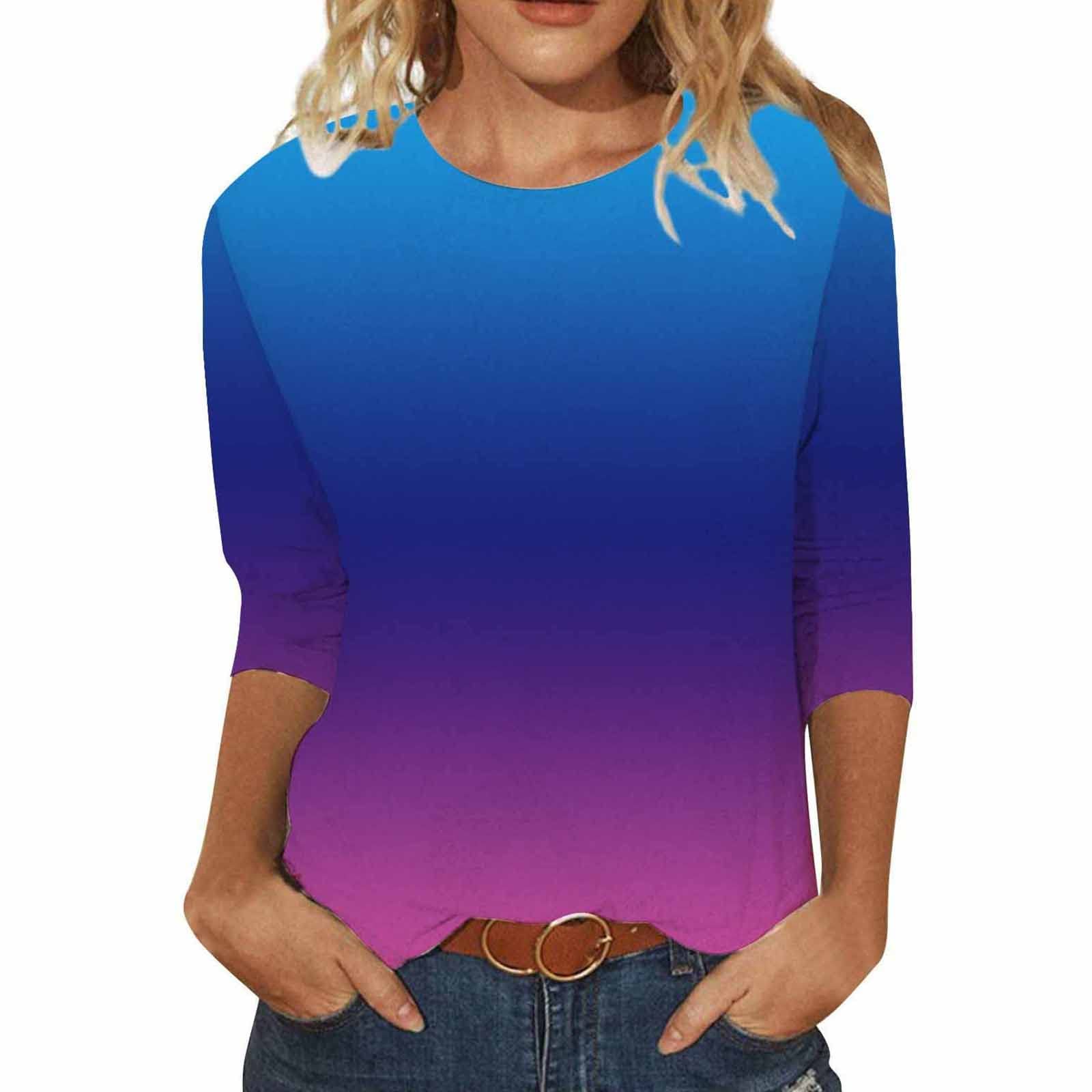 Women's Autumn Casual Gradient Color Crew Neck Long Sleeve T-Shirt - Loose Comfortable Lightweight Blouse for Fall Outfits, Layering & Everyday Wear