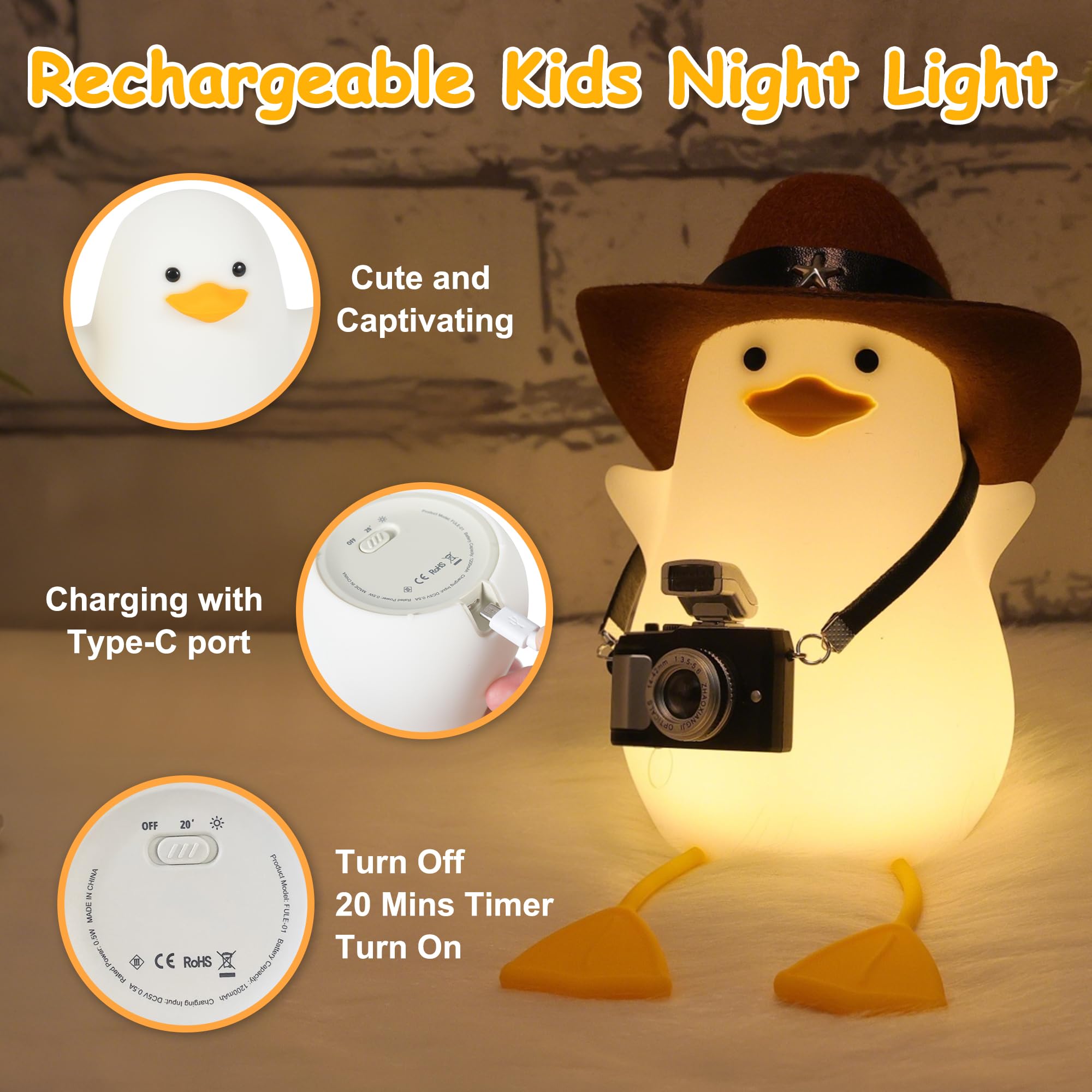 Cute Squishy Duck Night Light with Dimmer, Timer & Rechargeable - Funny Cowboy Duck Lamp for Bedside, Nursery & Room Decor - Perfect Duck Gift for Girls, Boys, Women & Kids - Ideal for Bedtime, Night Feedings & Cozy Ambiance