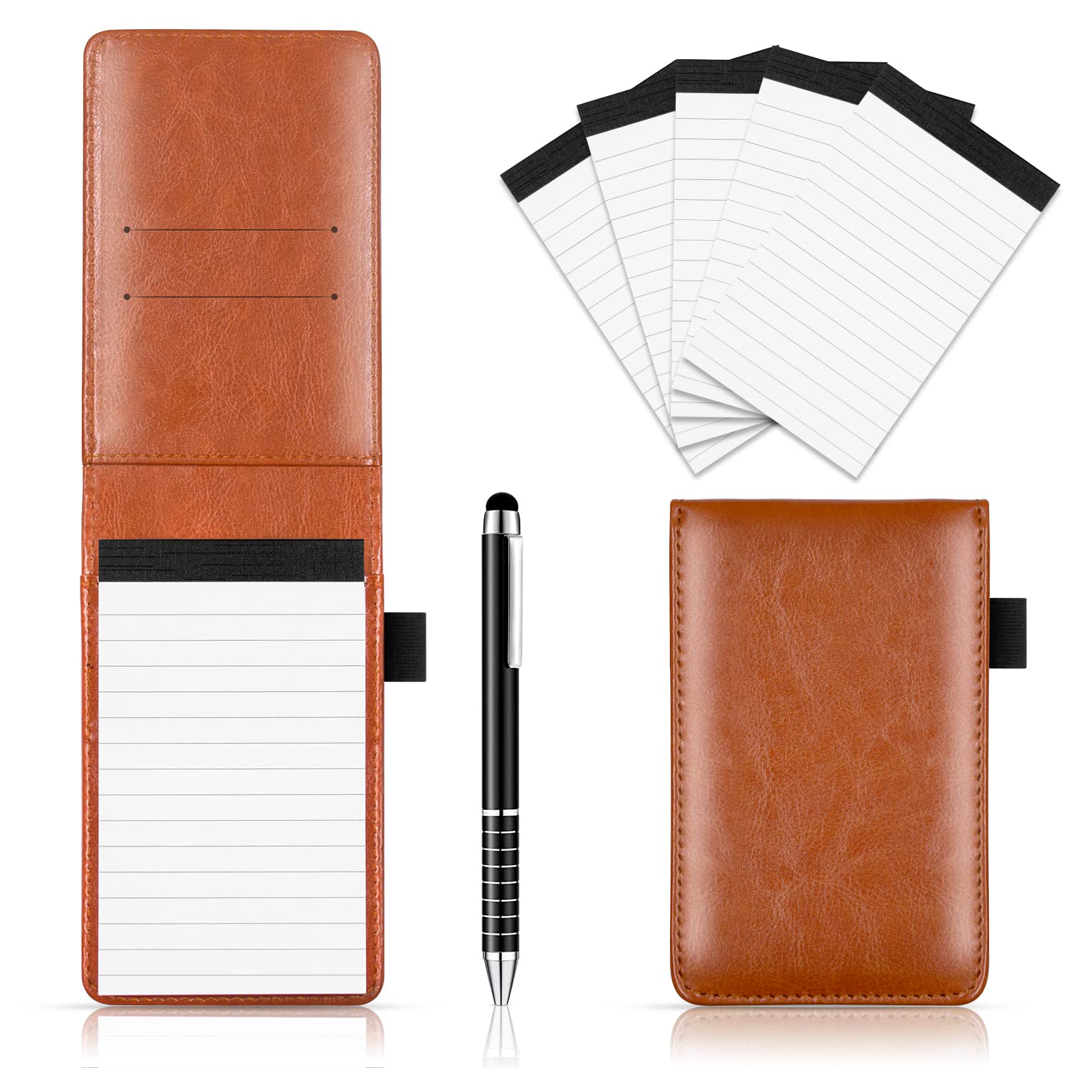 7-Piece Small Pocket Notepad Holder Set with Pen - Mini Notebook Organizer for Office, School & Restaurant Use - Brown Leather Memo Pad for Daily Tasks, Shopping Lists & Quick Notes