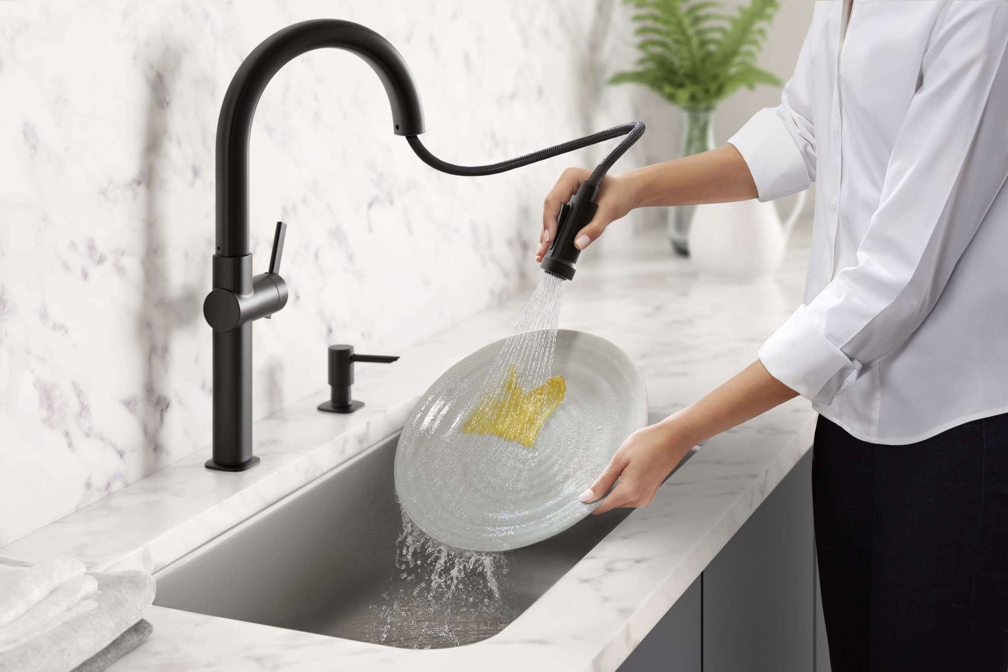 Kohler R22153-SD-BL Rune Single Handle Pull Down Sprayer Kitchen Faucet with Soap Dispenser, Matte Black - Modern Water Saving Design for Home & Restaurant Use