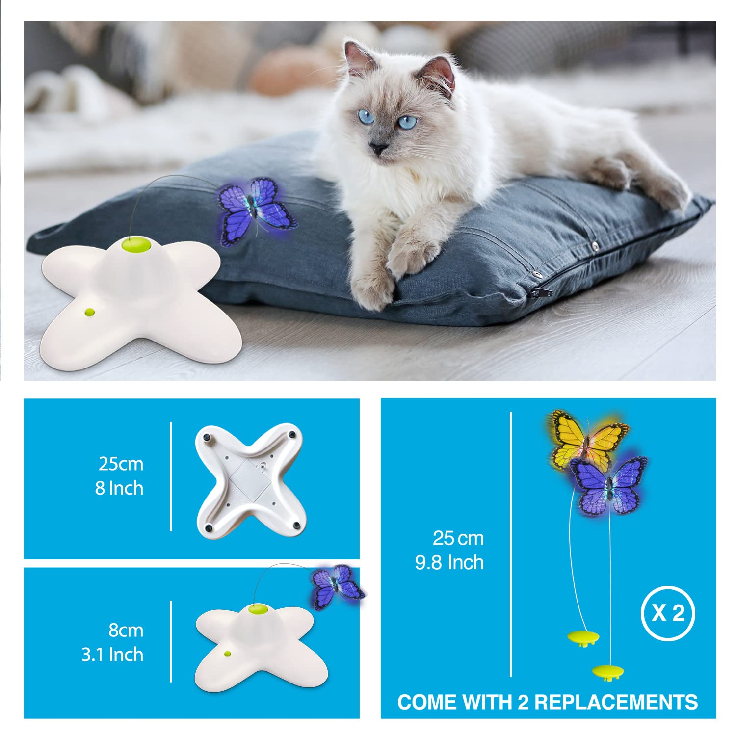 Interactive Cat Toy with Fluttering Butterfly - AFP Indoor Cat Toy with Rotating Motion & 2 Replacement Butterflies - Fun Exercise for Kittens & Adult Cats (Playtime, Hunting Simulation, Stress Relief)