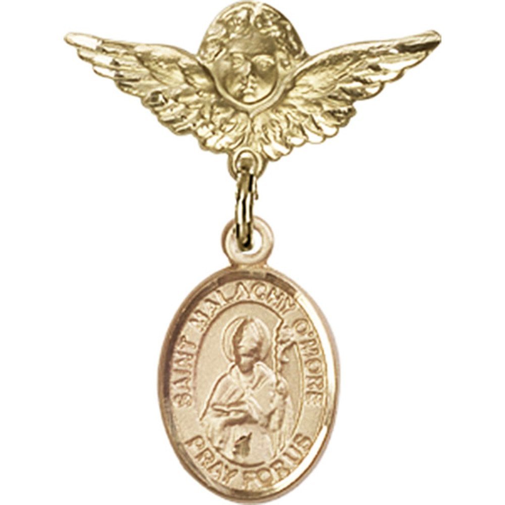 St. Malachy O'More Gold Filled Baby Badge with Angel Wing Charm - 1 x 3/4 Inch Religious Pin for Baptism, Christening & First Communion Gifts