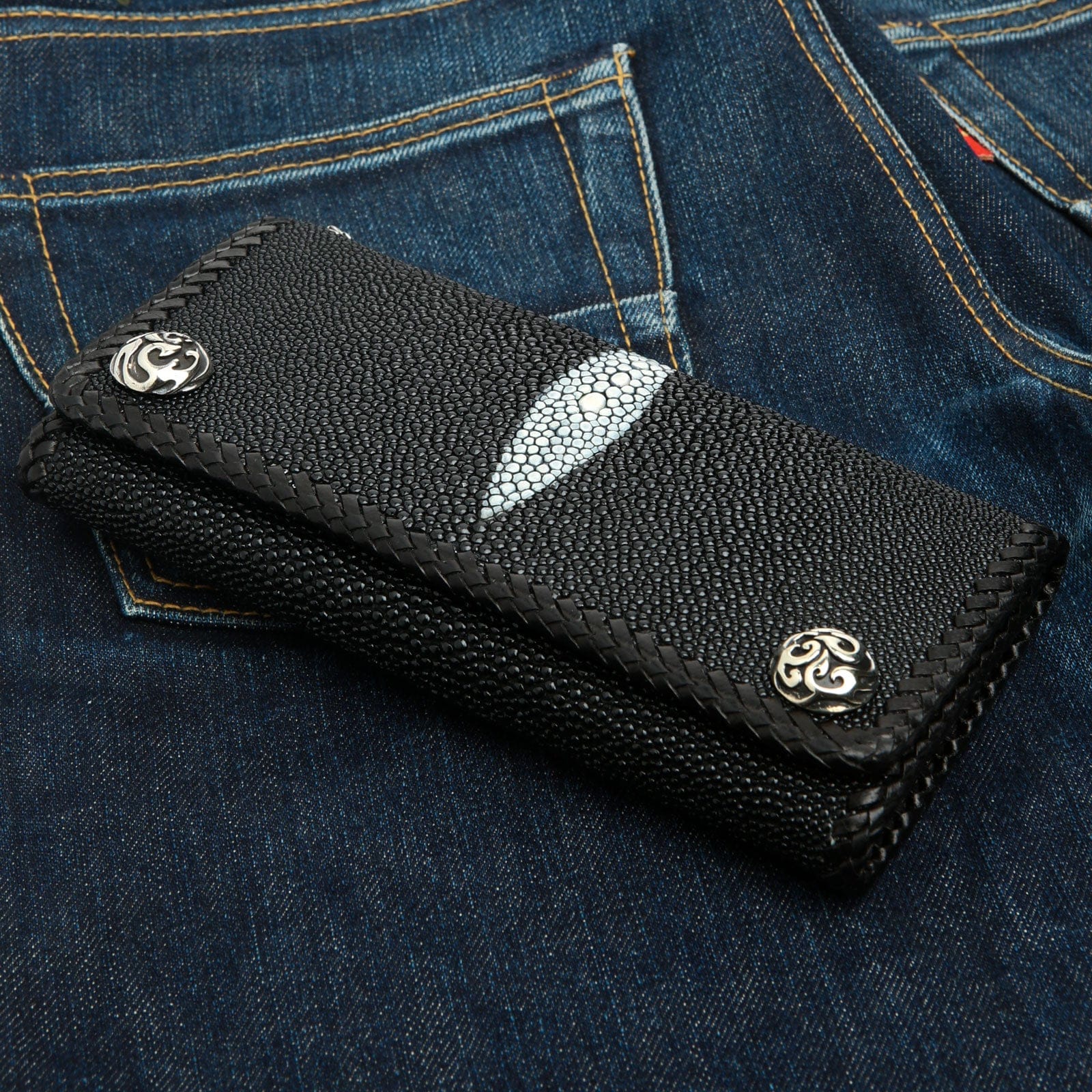 Premium Black Stingray Leather Trifold Wallet for Men - RFID Blocking Biker Wallet with Multiple Card Slots & ID Window - Perfect for Motorcycle Riders, Travel & Everyday Use