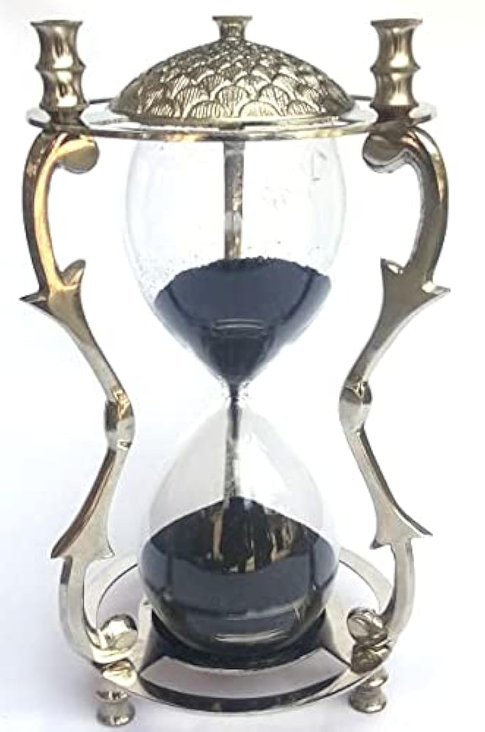 5 Minute Nautical Hourglass Timer - Shiny Nickel Finish Decorative Sand Timer with Black Sand, Vintage Metal Art Hourglass for Office Desk, Home Decor, Birthday Gift (SW0068) | Perfect for Meditation, Cooking, Games & Classroom Activities