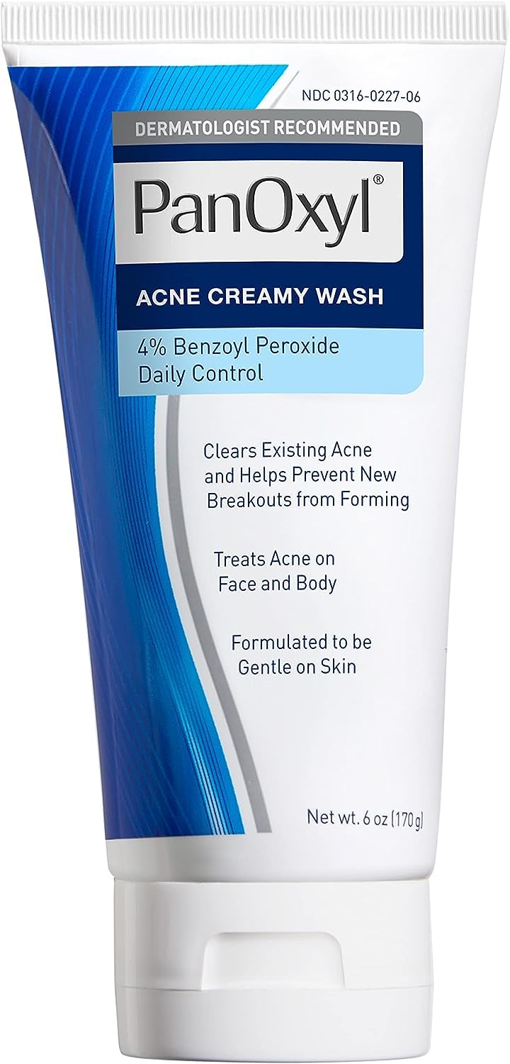 PanOxyl 4% Benzoyl Peroxide Acne Creamy Wash - 6 oz (Pack of 5) - Maximum Strength Face & Body Cleanser for Acne Treatment - Perfect for Daily Skincare Routine & Teen Acne Care