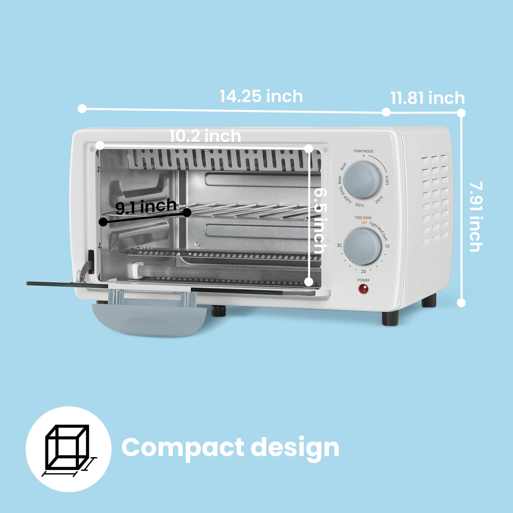 COMFEE' 4-Slice Countertop Toaster Oven with Bake & Broil - Compact 950W Mini Oven for 9