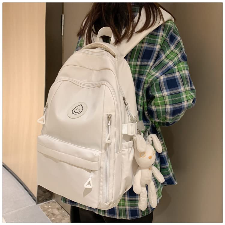 Stylish Preppy Backpack with Bunny Plush - Cute Aesthetic School Bag for College, Kawaii Korean Fashion Accessory (White, One Size) - Perfect for Campus, Travel & Daily Use