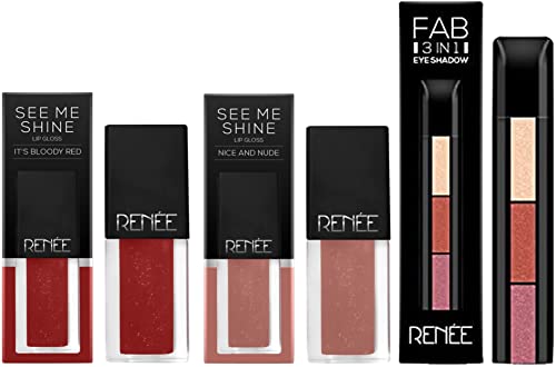 RENEE Fab 3-in-1 Vitamin E Enriched Eyeshadow Palette 4.5g & Nude & Red Lip Gloss Set - Perfect for Day to Night Makeup Looks, Party & Special Occasions