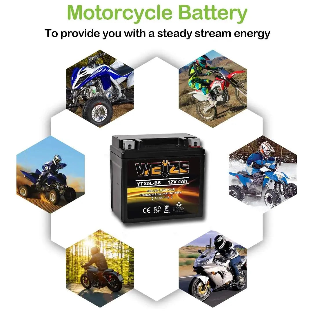 WEIZE YTX5L-BS 12V 4Ah AGM Sealed Motorcycle Battery - Maintenance Free, High Performance, Compatible with Honda, YUASA, Yamaha ETX5L-BS Batteries - Perfect for ATVs, Scooters, and Powersports Vehicles