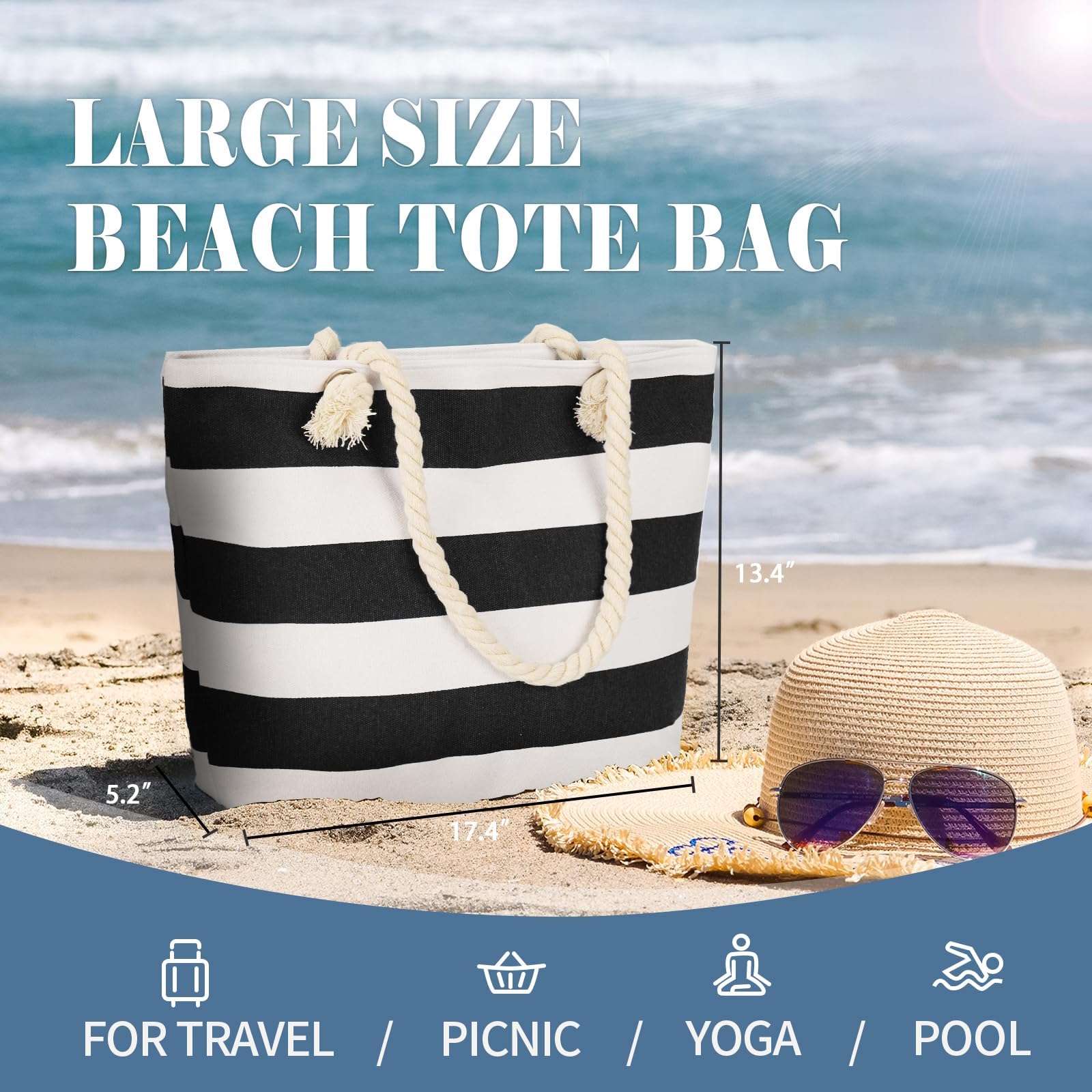 LAVTUG Waterproof Canvas Beach Tote Bag for Women - Large Zippered Travel Tote, Reusable Grocery Shopping Bag | Perfect for Beach Trips, Poolside Lounging & Weekend Getaways