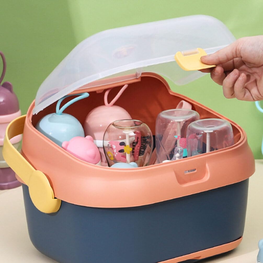 HEMOTON Baby Bottle Drying Rack with Cover - Baby Bottle Storage Organizer for Kitchen Countertop - Dish Rack for Baby Utensils, Cutlery & Tableware (Pink/Blue) - Perfect for Nursery, Daycare & Home Kitchen Organization