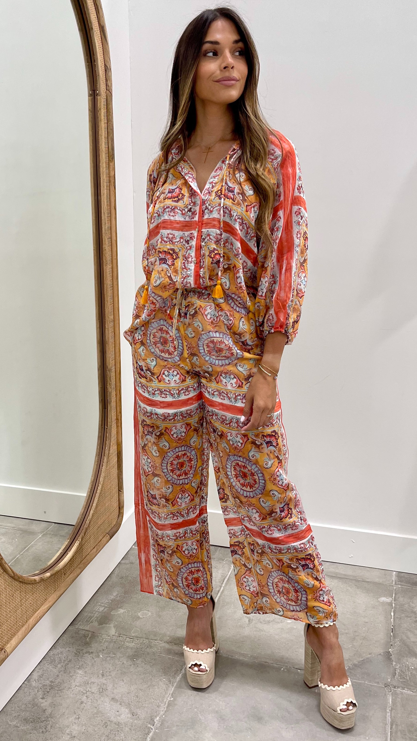 Orange Scarf Print Relaxed Fit Lounge Pants - Soft Comfortable Casual Pajama Bottoms for Women, Home Wear & Yoga