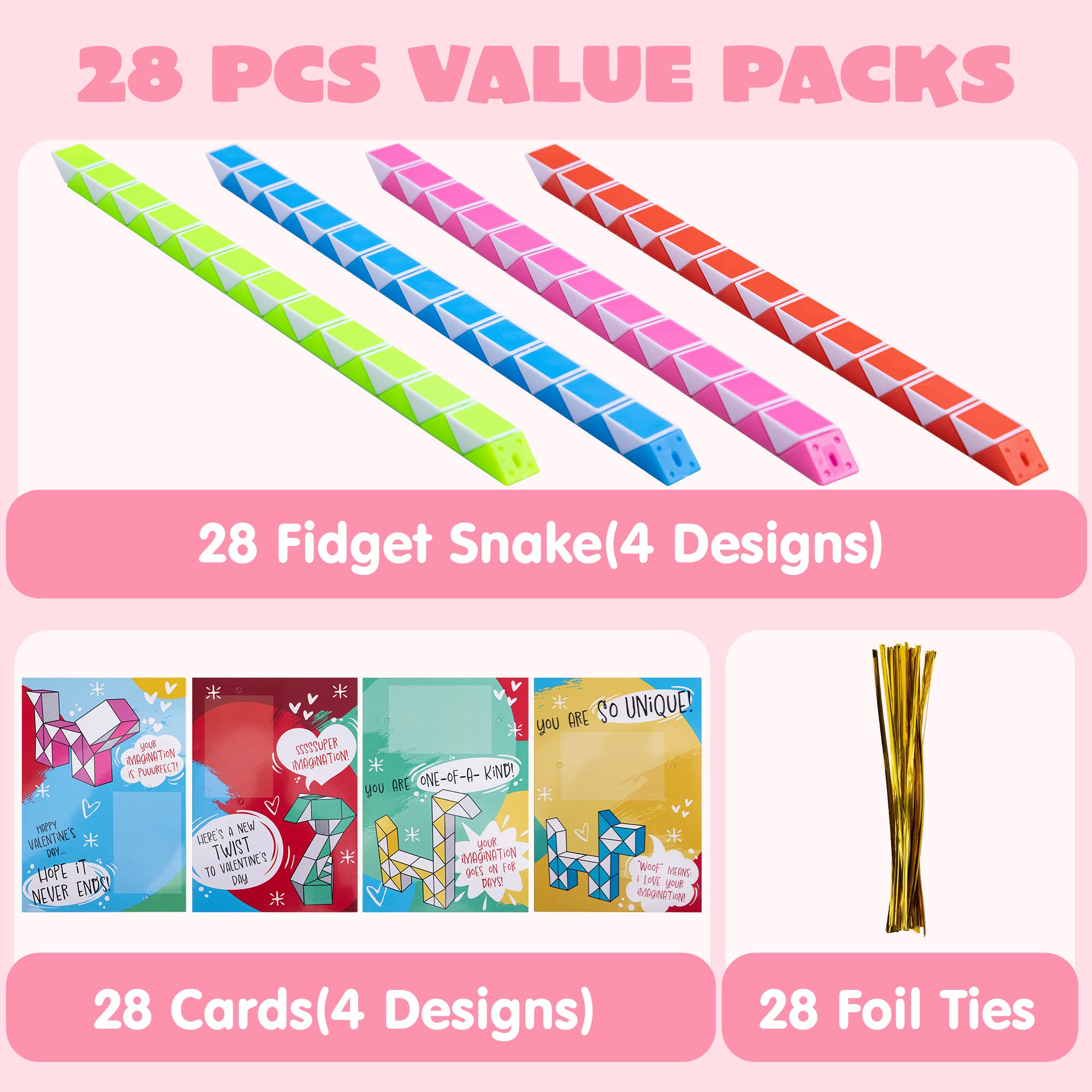 JOYIN 28 Pack Valentine's Day Cards with Snake Twist Toys for Kids - Magic Puzzle Fidget Toys for Stress Relief, Classroom Exchange, Party Favors & Gifts (Great for Valentine's Day Celebrations, School Activities, Birthday Parties)