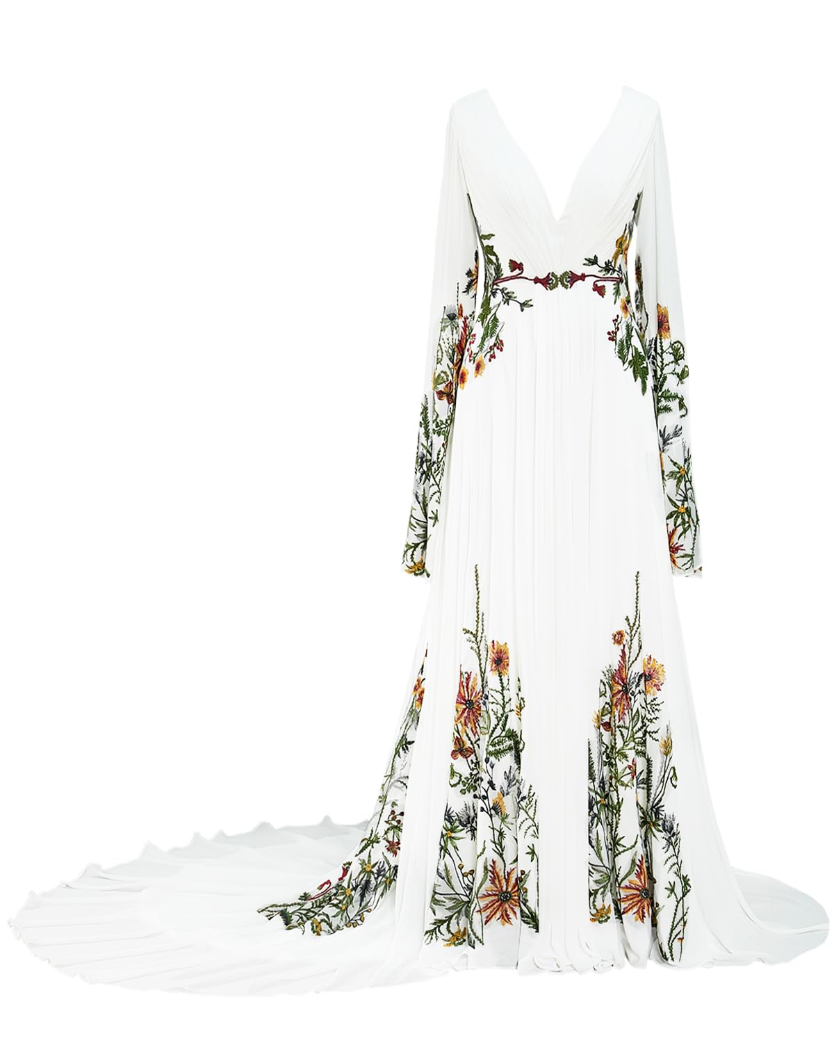 Elegant Floral Embroidered Boho Wedding Dress for Women - V-Neck Long Sleeve Bridal Gown | Perfect for Beach, Garden & Vintage Theme Weddings