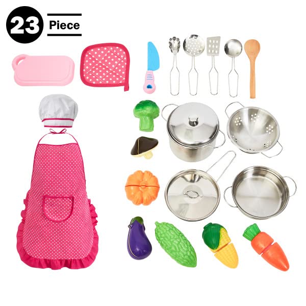 Hey! Play! 23-Piece Kids Pretend Play Kitchen Set - Toy Cookware, Play Vegetables, Utensils & Storage Container - Pink (80-PP170014) | Perfect for Role Play, Preschool Learning & Birthday Gifts