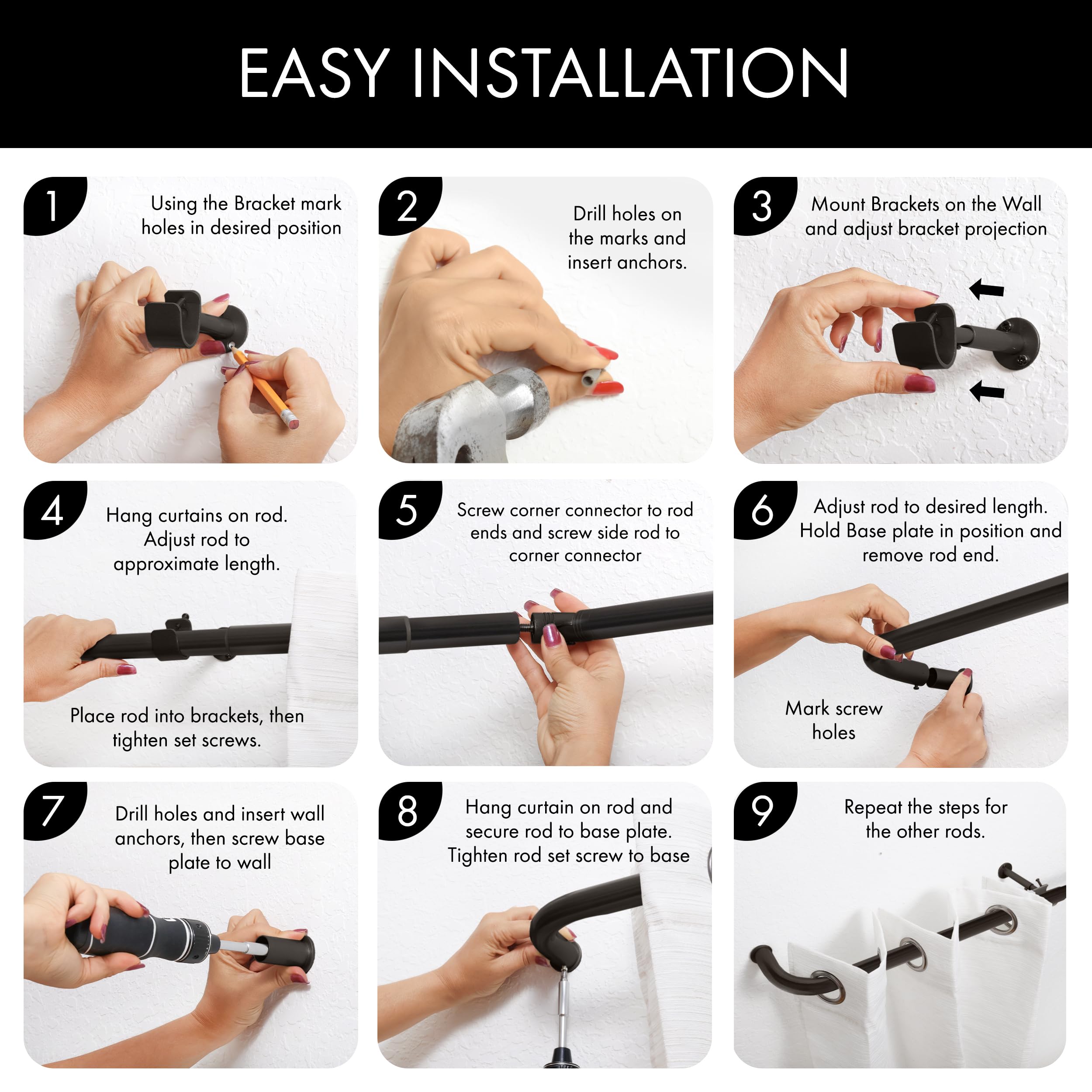 Meriville 1-Inch Diameter Bay Window Curtain Rod Set - Oil-Rubbed Bronze Finish for Bayview Windows, Perfect for Living Room, Bedroom, and Kitchen Decor