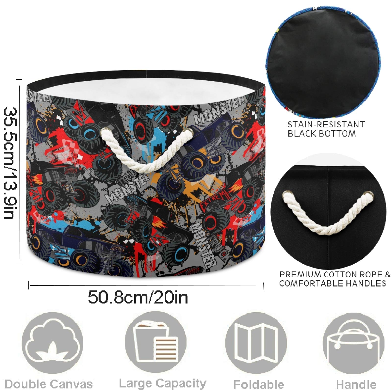 Visesunny Monster Truck Car Pattern Collapsible Fabric Laundry Basket - Foldable Storage Bin for Toys, Clothes & Organizing - Perfect for Bathroom, Bedroom, Nursery, Closet & Office - Great for Kids' Room Decor & Toy Storage