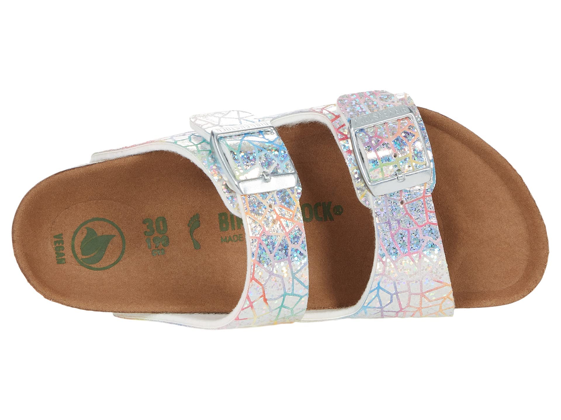 Birkenstock Arizona Vegan Sandals for Girls - Holographic Silver Microfiber - EU 34 (US 3-3.5) - Narrow Fit - Toddler/Little Kid/Big Kid Size - Perfect for School, Beach & Summer Outfits
